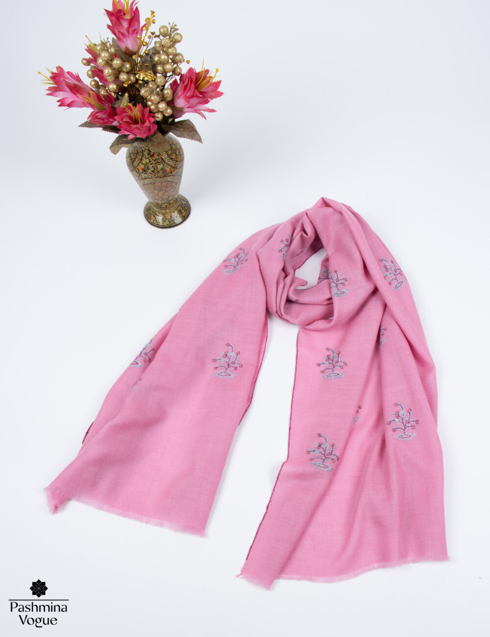 Pink Hand Embroidered Pashmina Shawl - Pure Cashmere Wrap