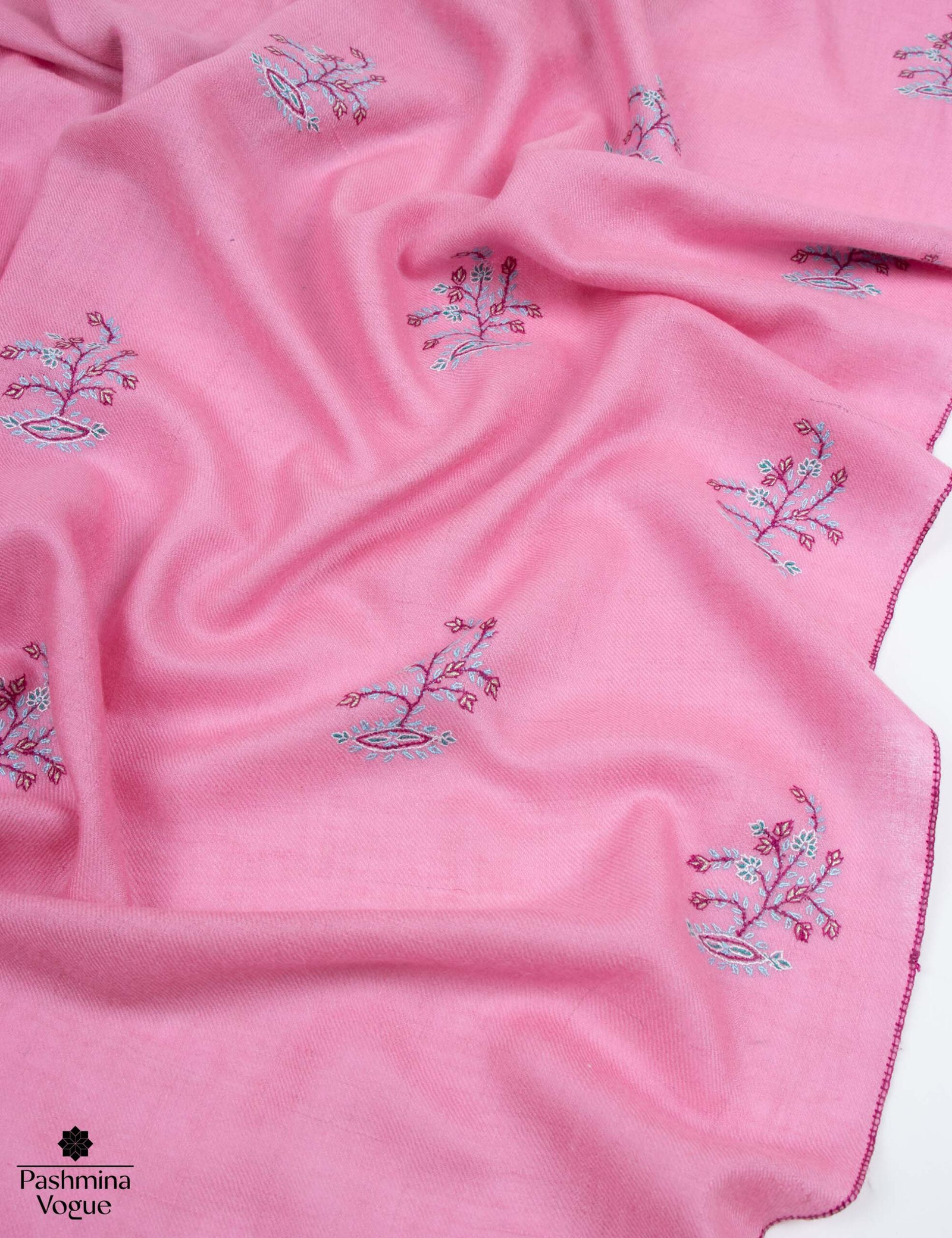 Pink Hand Embroidered Pashmina Shawl - Pure Cashmere Wrap