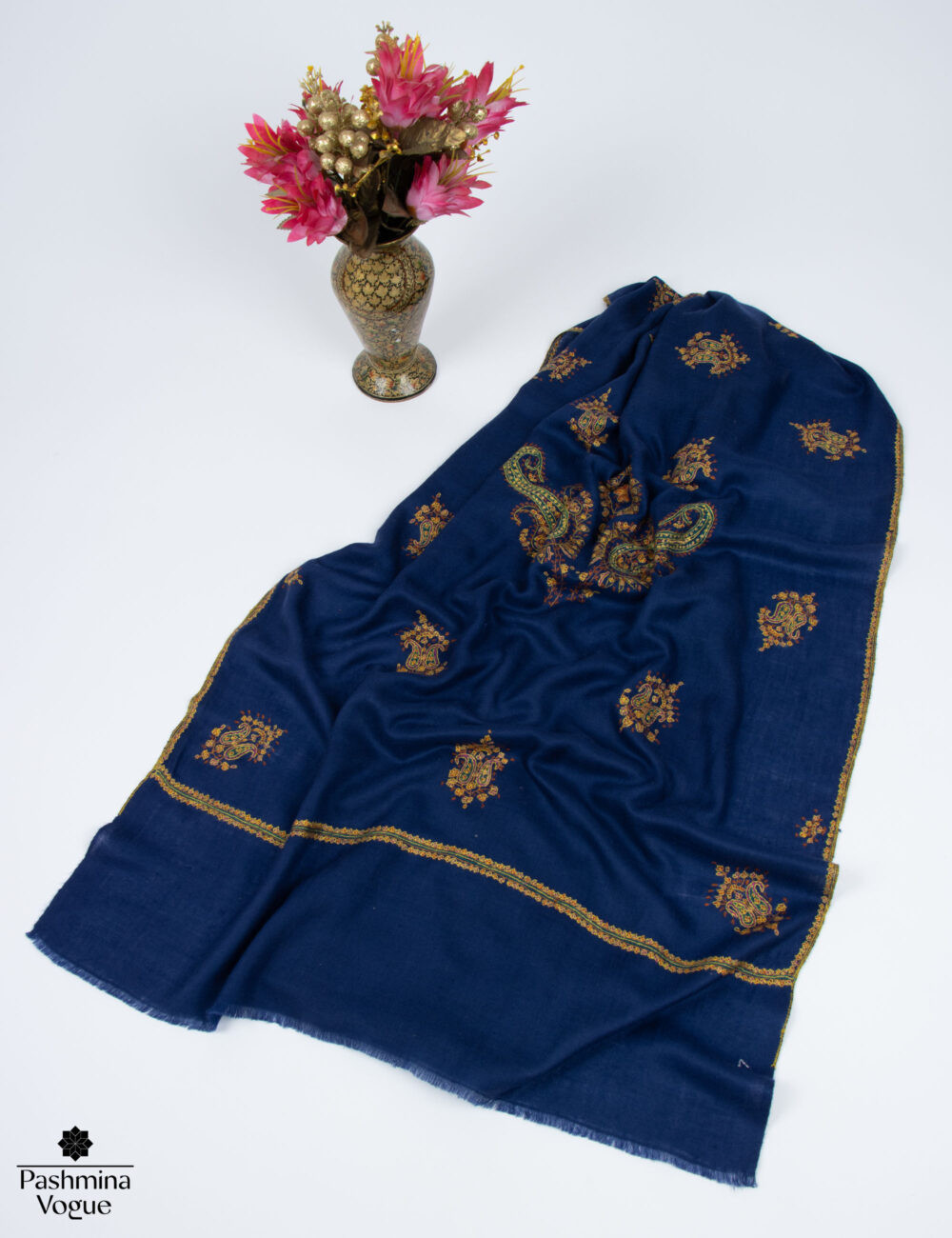 Blue Pashmina Scarf - Hand Embroidered Cashmere Wrap