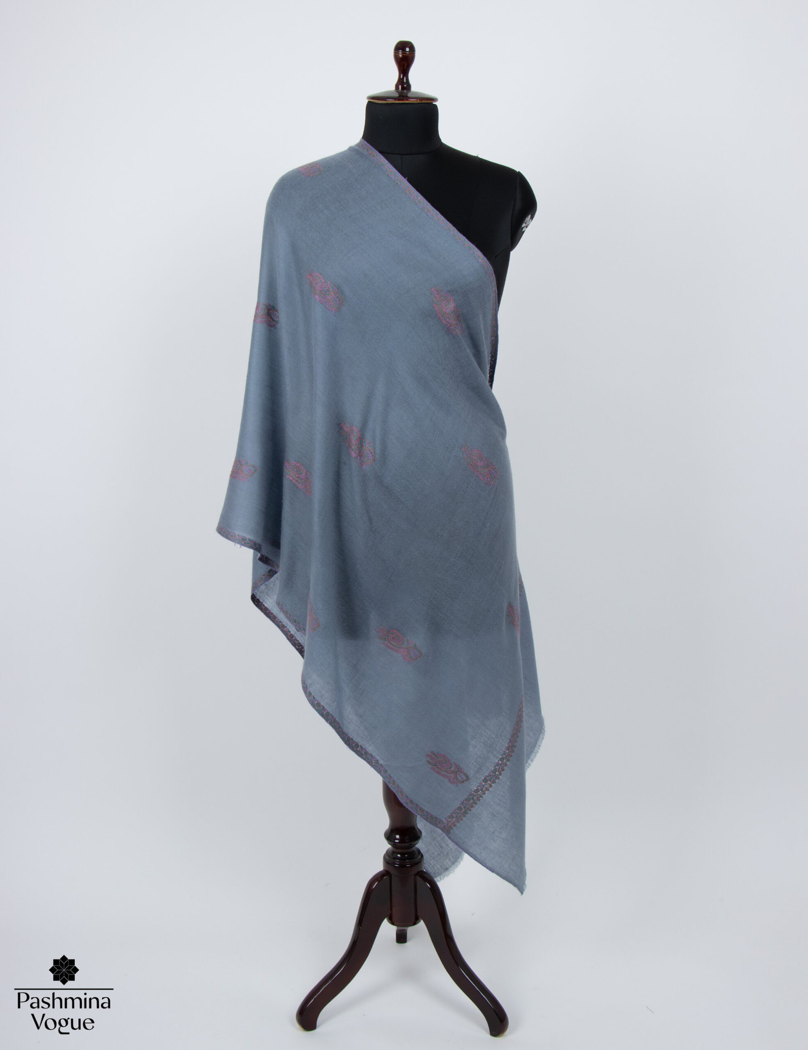 soft blue pure pashmina scarf with scattered Bootidar hand embroidery motifs, highlighting the luxurious cashmere texture and elegant pattern.