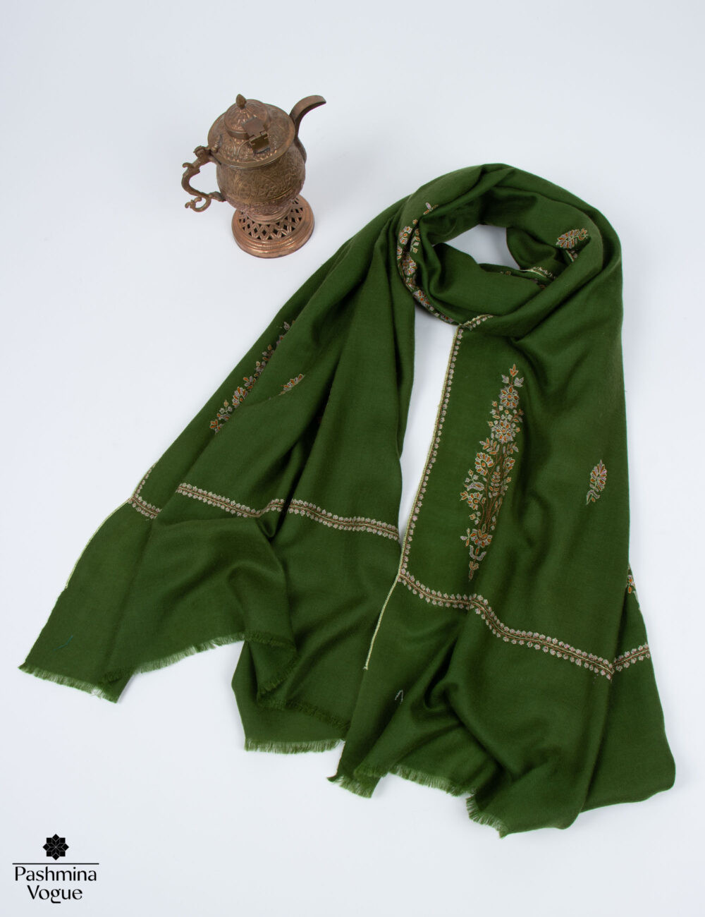 Green Paisley Pashmina Scarf - Hand-Embroidered Shawl