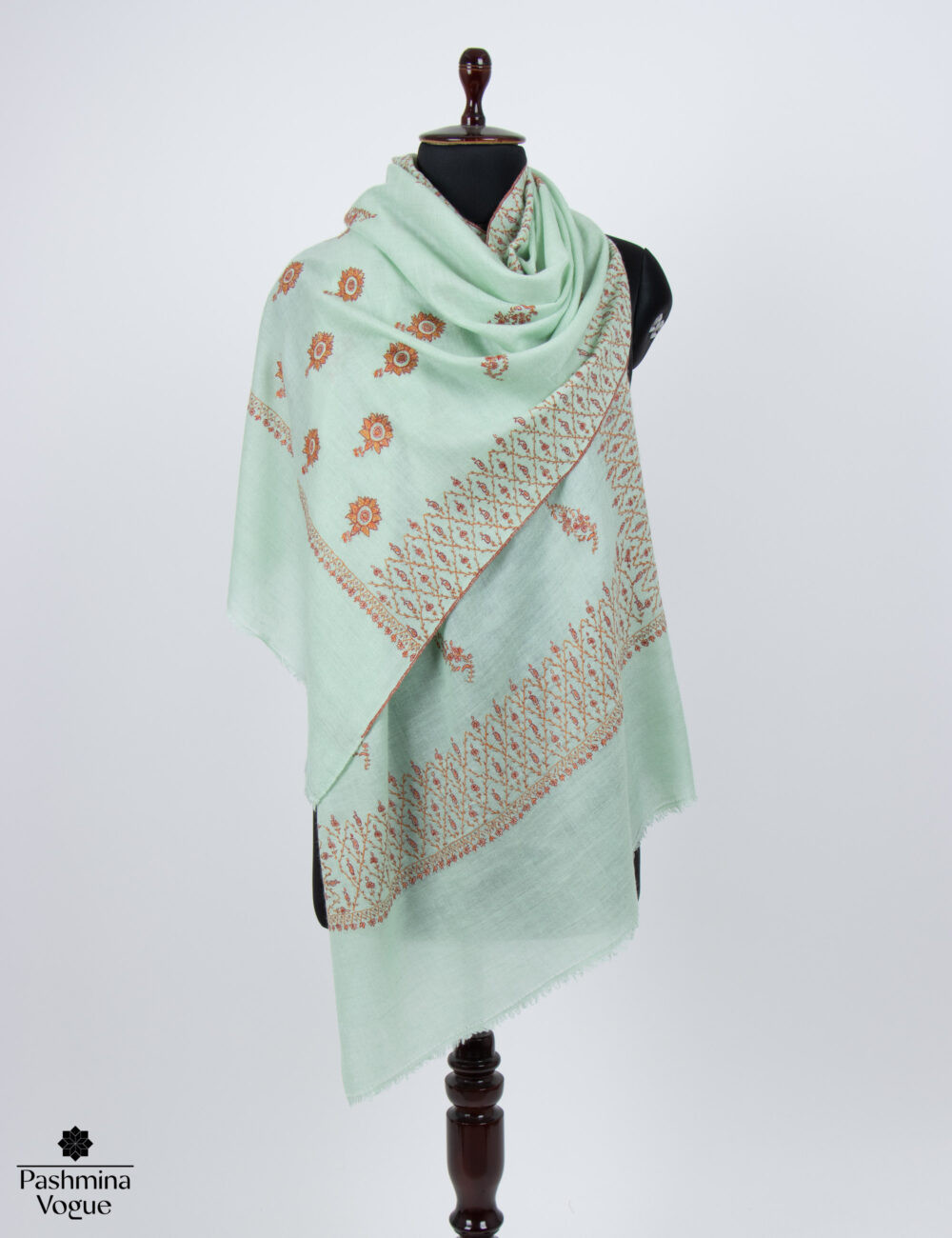 Green Handmade Sozni Embroidery Pashmina Scarf