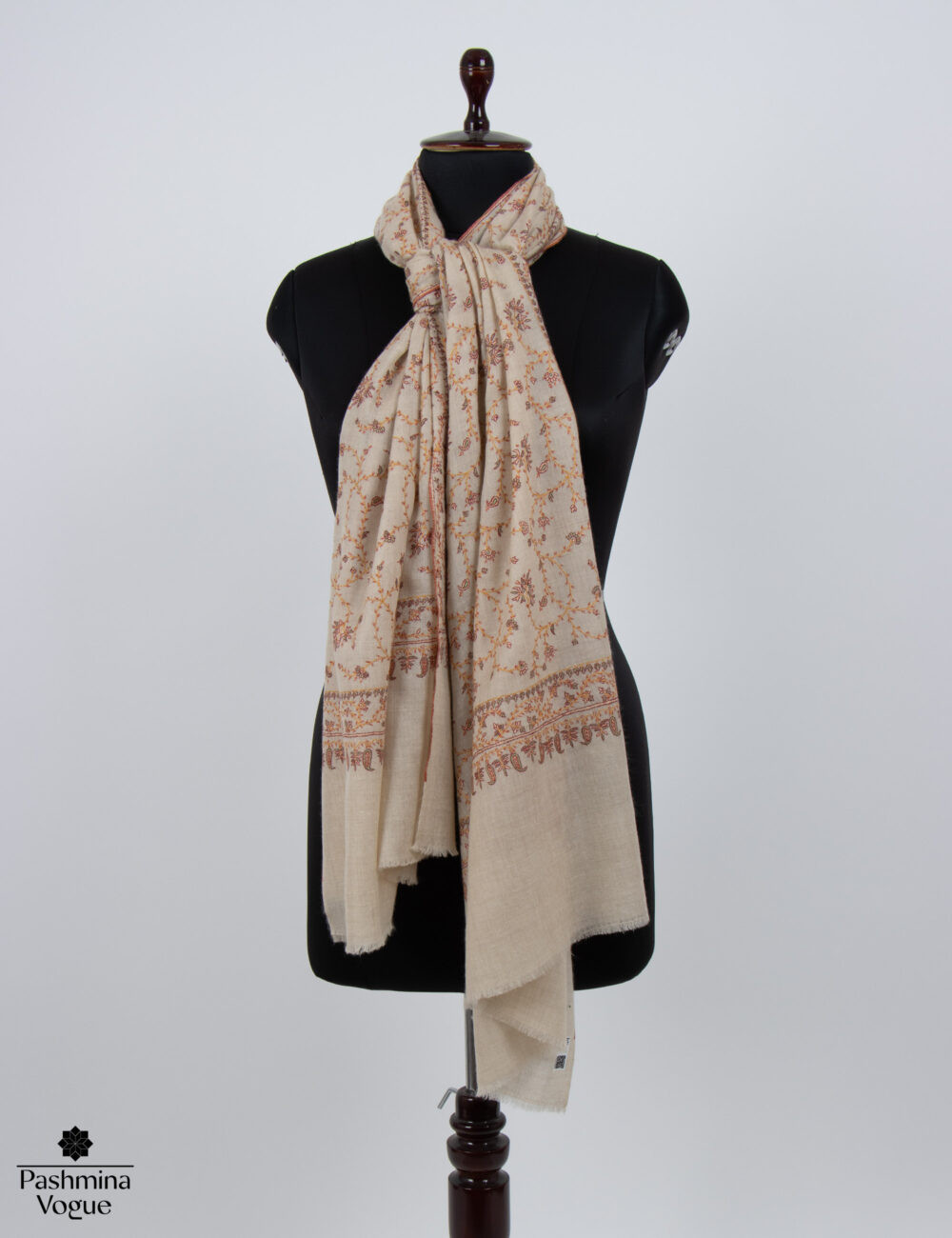 Off White Hand-Embroidered Pashmina Scarf
