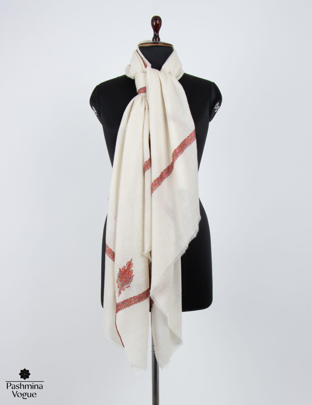 Ivory Cashmere Pashmina Shawl - Sozni Hand Embroidered Wrap