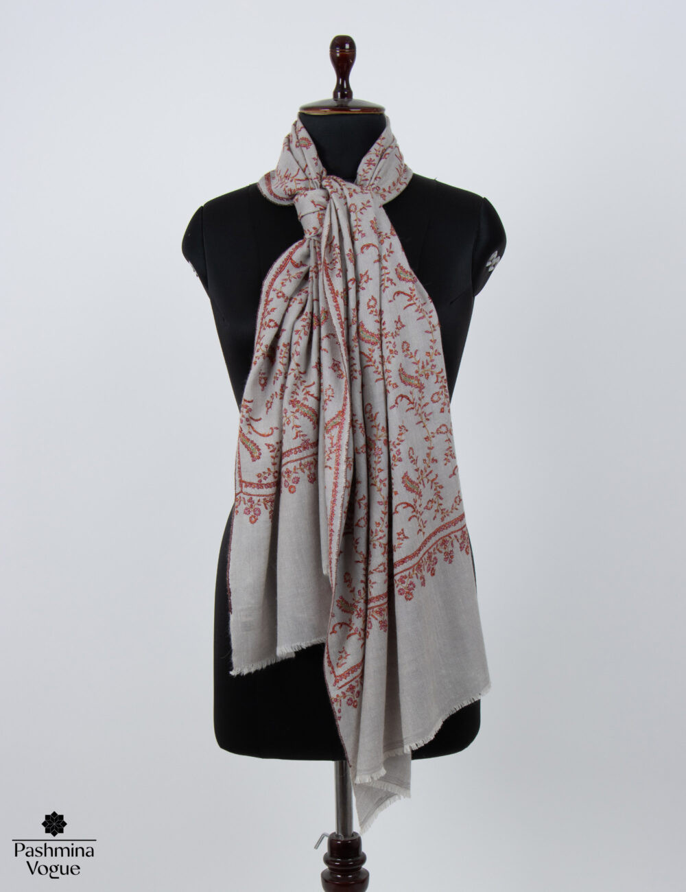 Grey Handmade Pashmina Scarf - Embroidered Winter Shawl