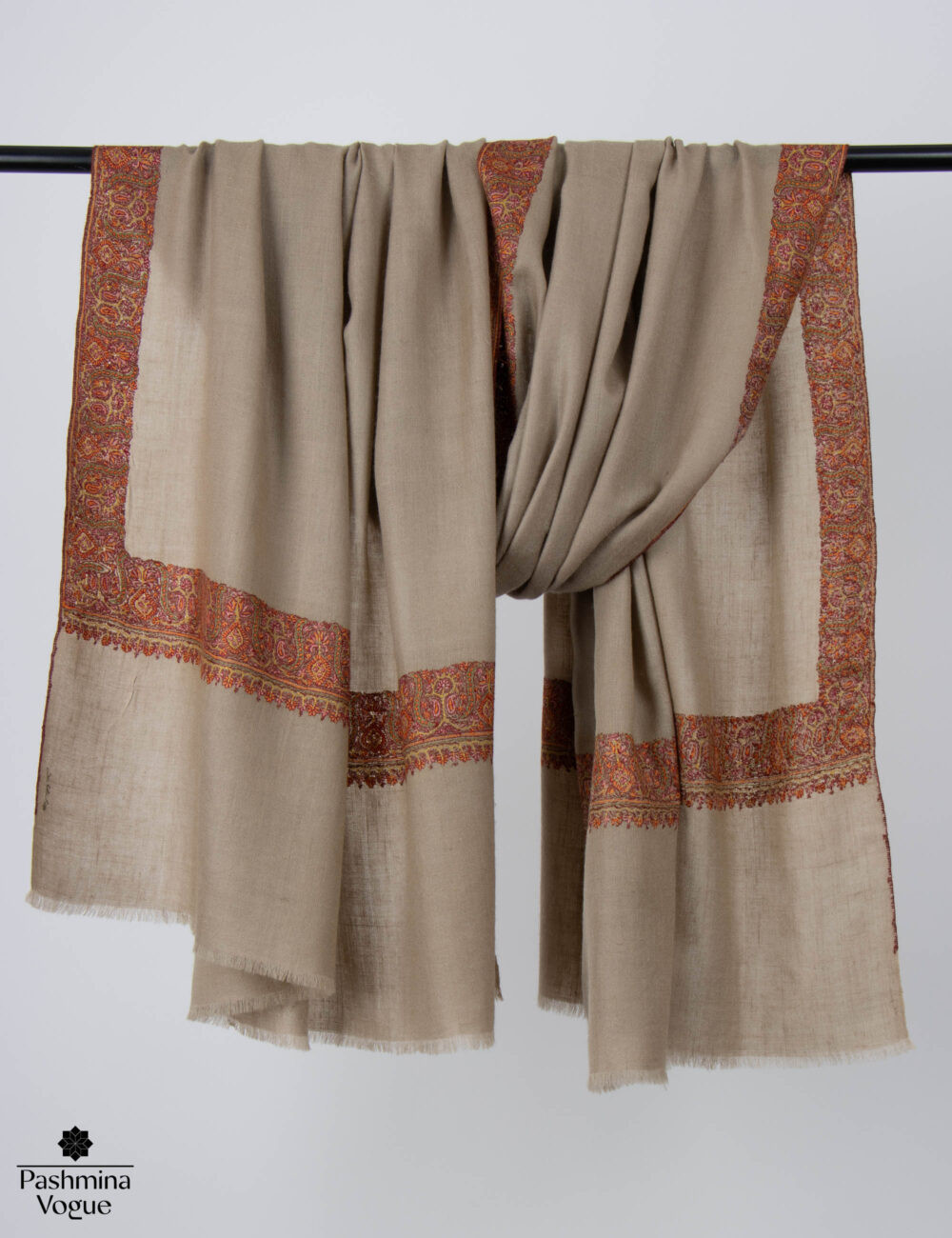 Brown Kashmiri Pashmina Scarf - Sozni Embroidered Cashmere