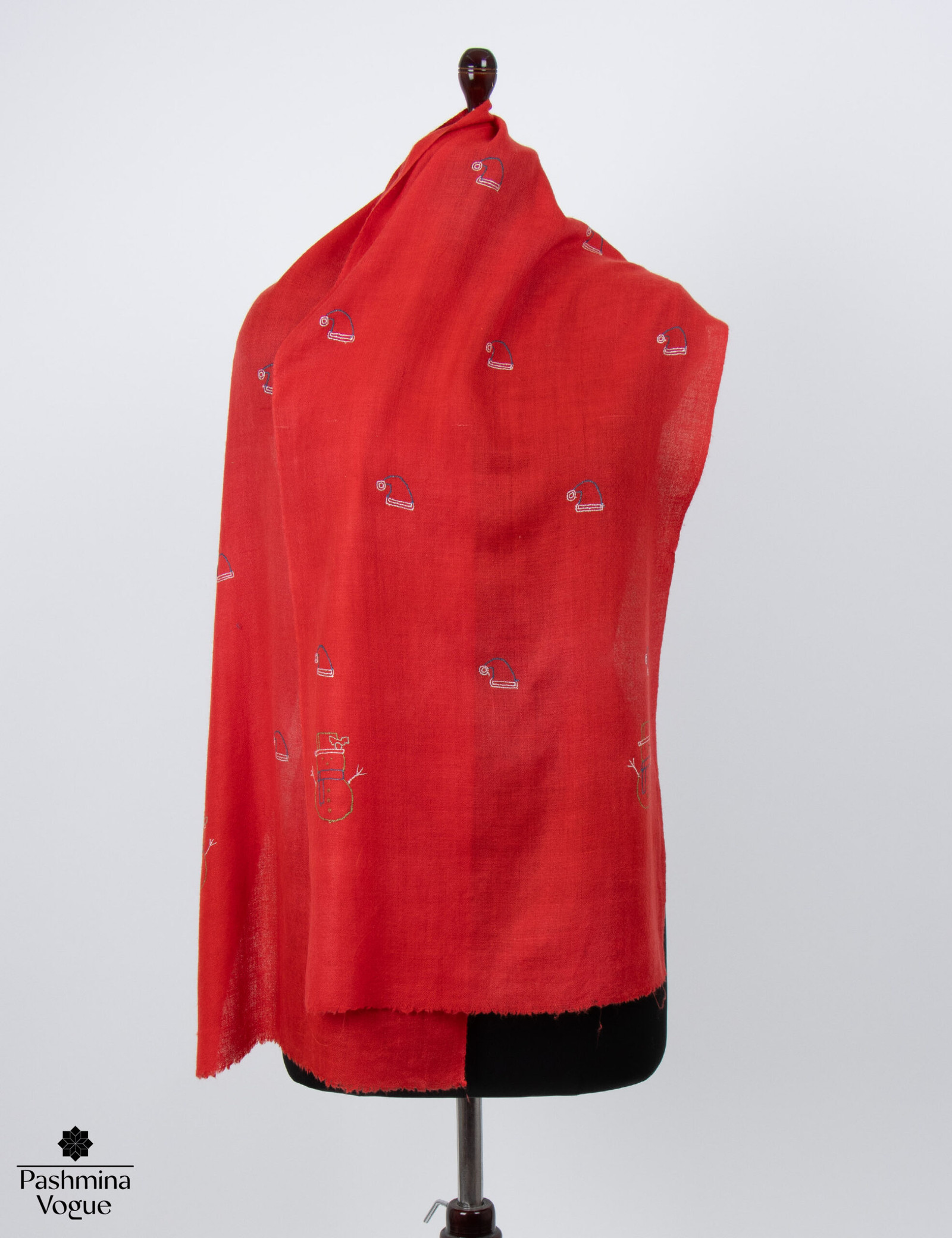 Snow Man Hand-Embroidered Pashmina Scarf