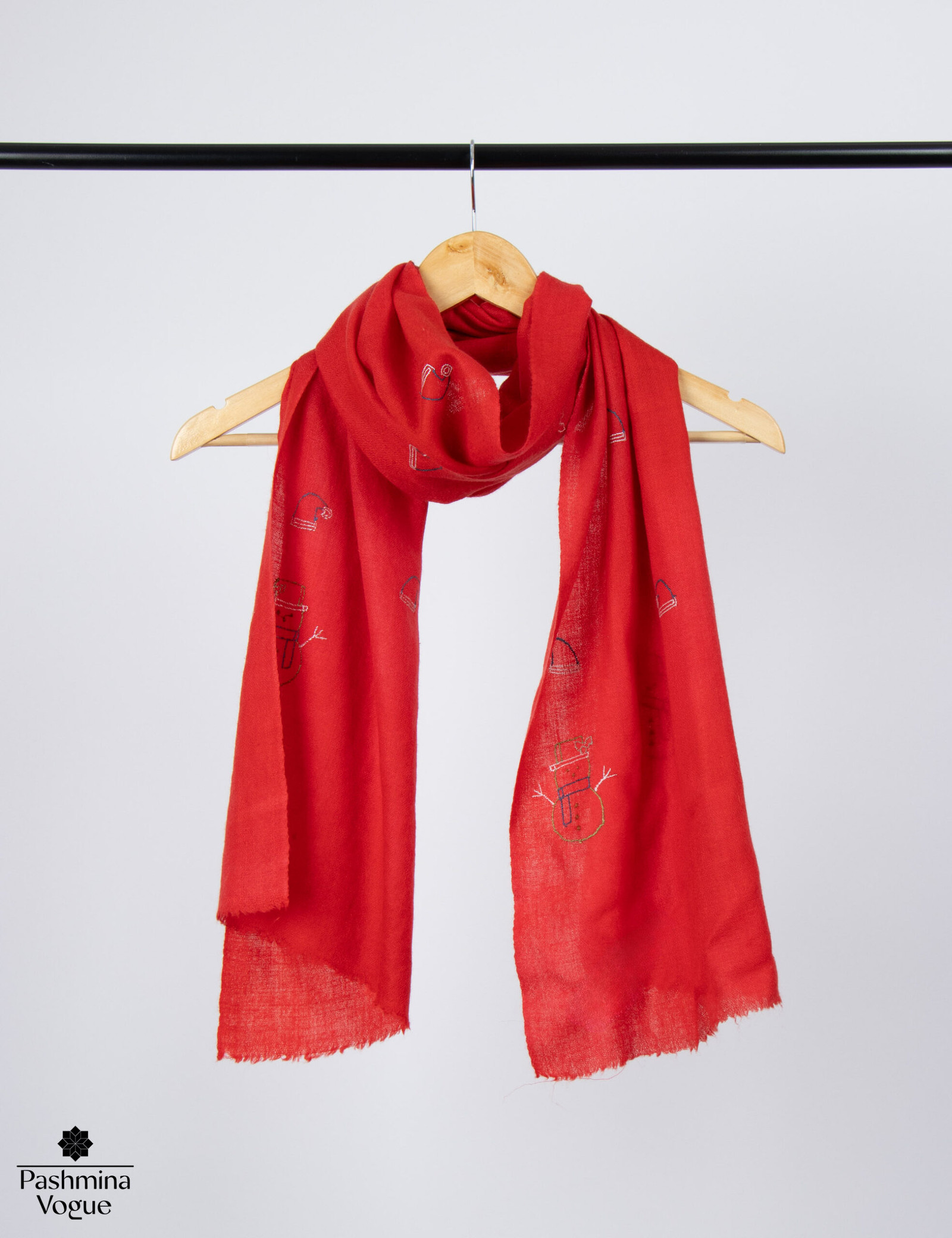 Snow Man Hand-Embroidered Pashmina Scarf
