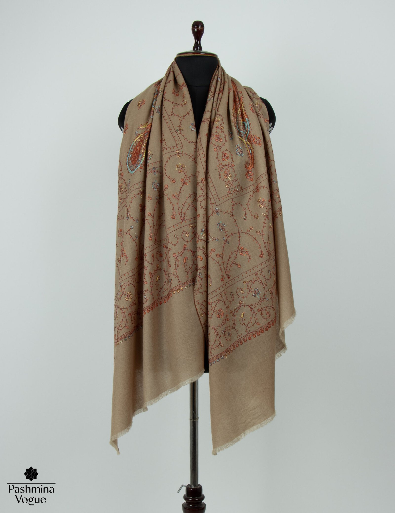 Hand-Embroidered Kashmiri Wool Shawl - Sozni Needlework Scarf
