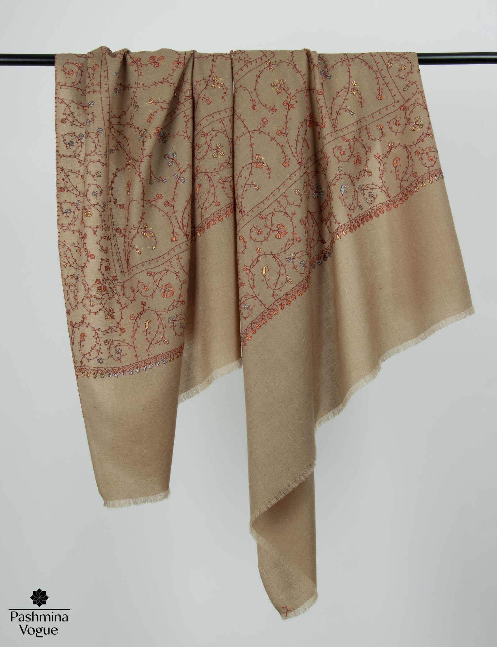 Hand-Embroidered Kashmiri Wool Shawl - Sozni Needlework Scarf