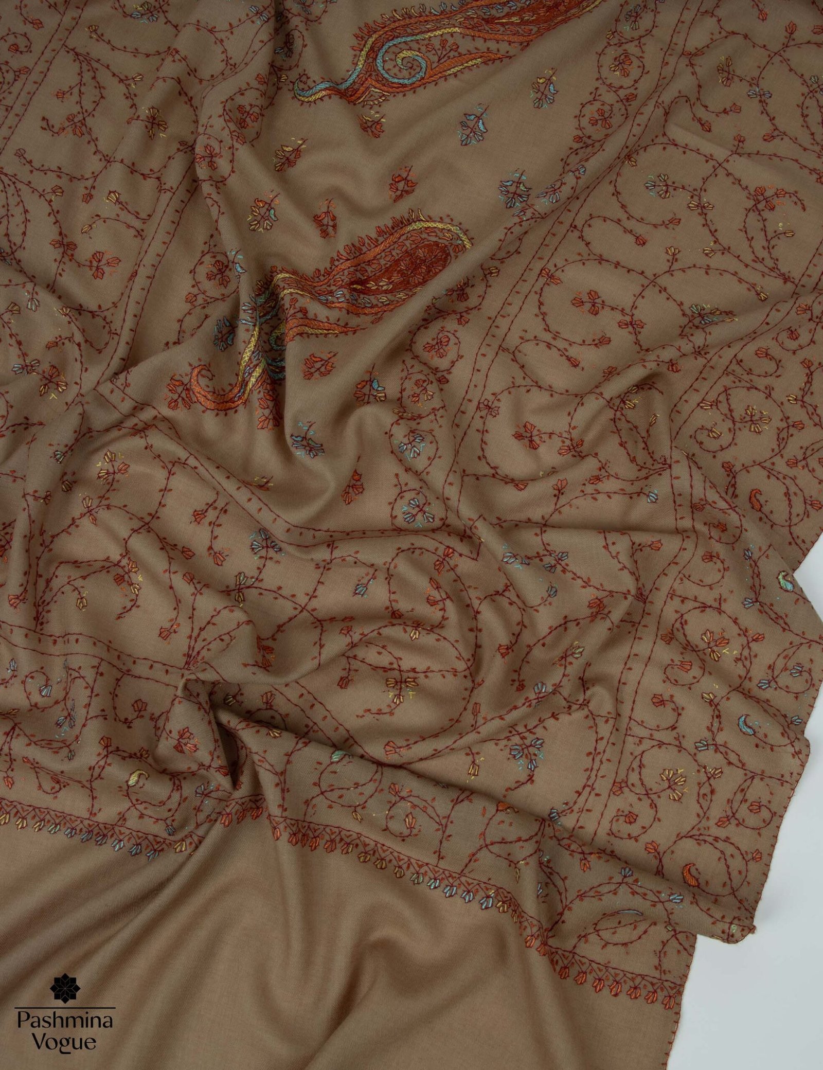 Hand-Embroidered Kashmiri Wool Shawl - Sozni Needlework Scarf