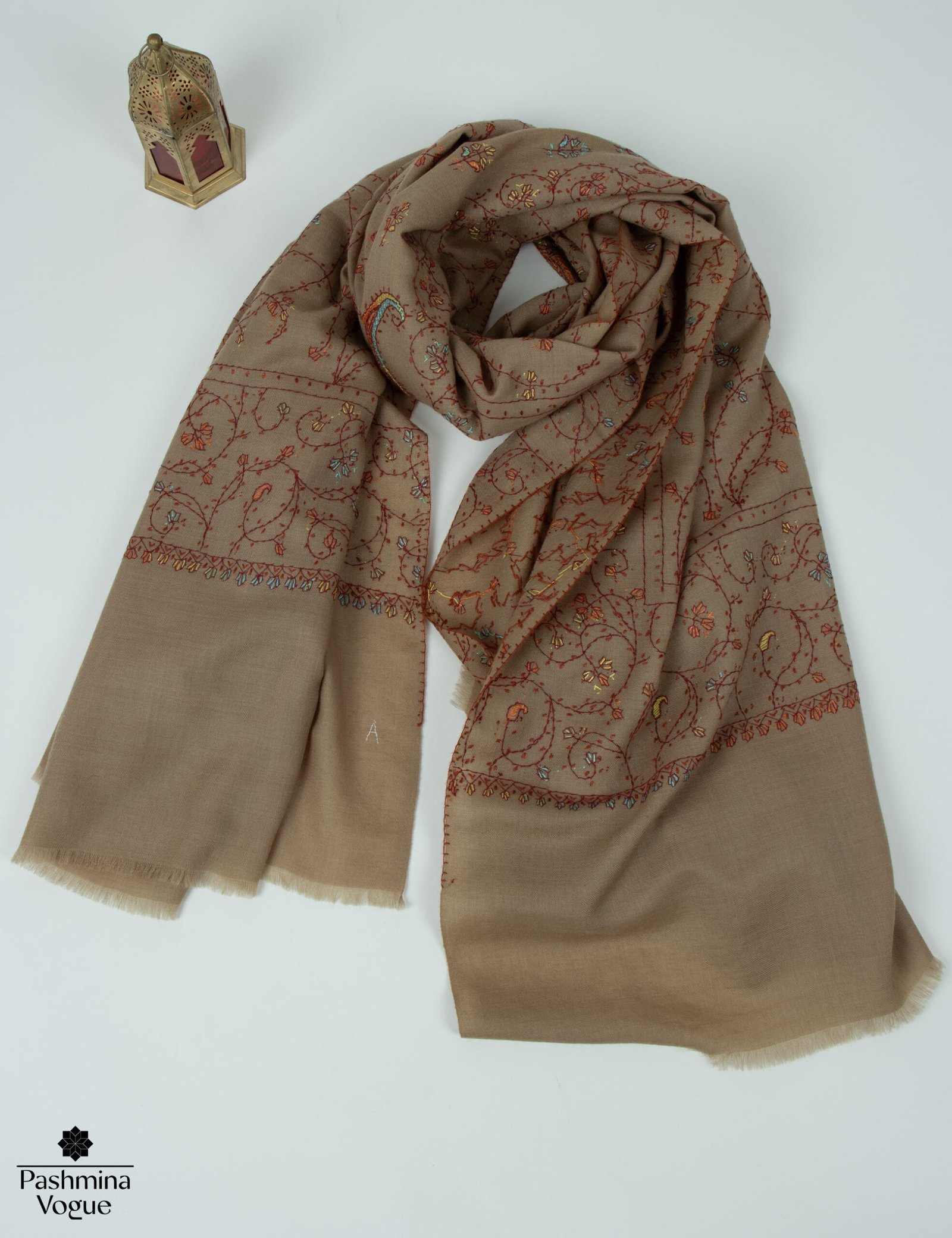 Hand-Embroidered Kashmiri Wool Shawl - Sozni Needlework Scarf