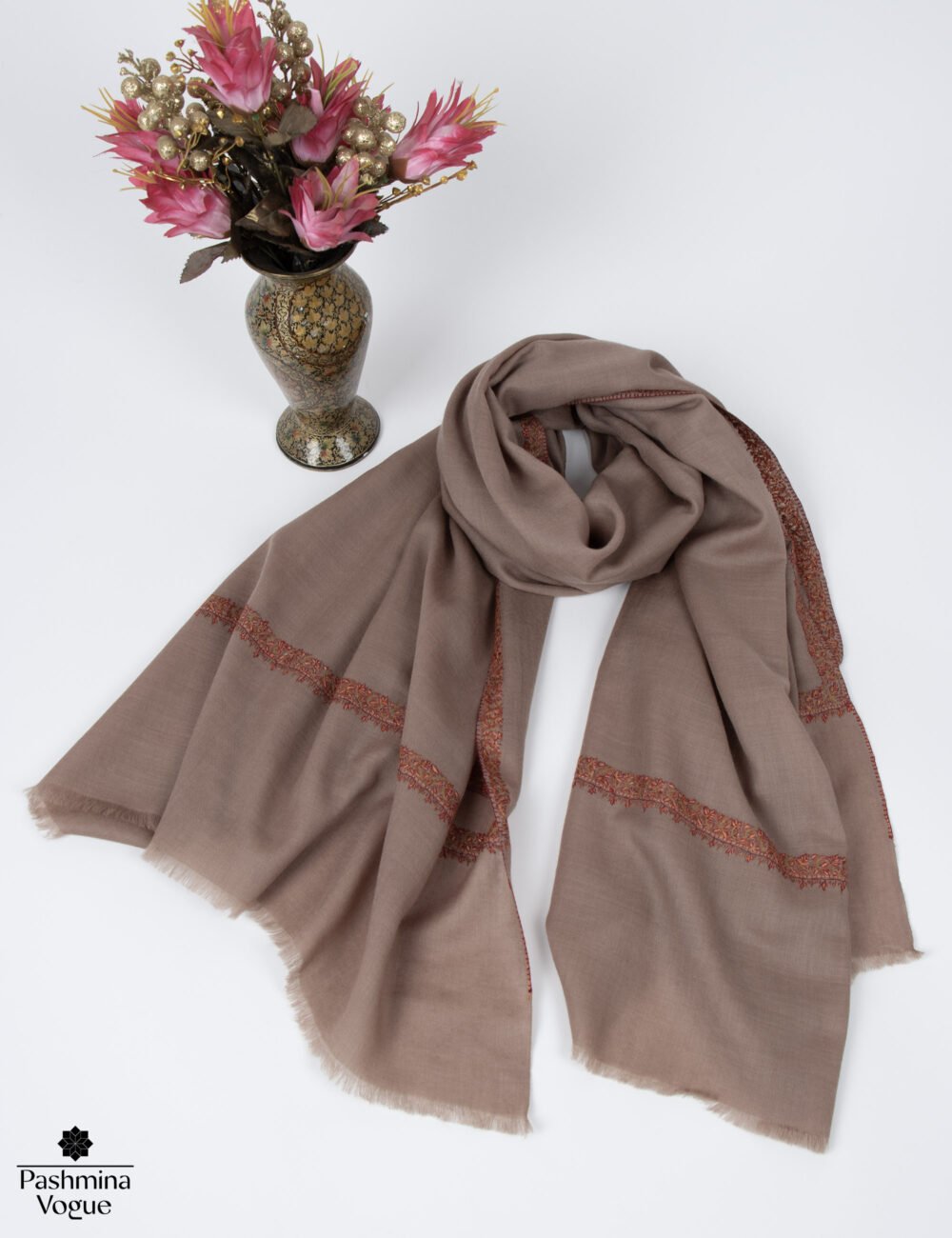 Brown Merino Wool Hand Embroidered Shawl