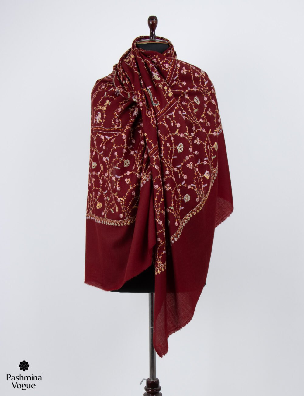 Burgundy Merino Wool Hand Embroidered Shawl