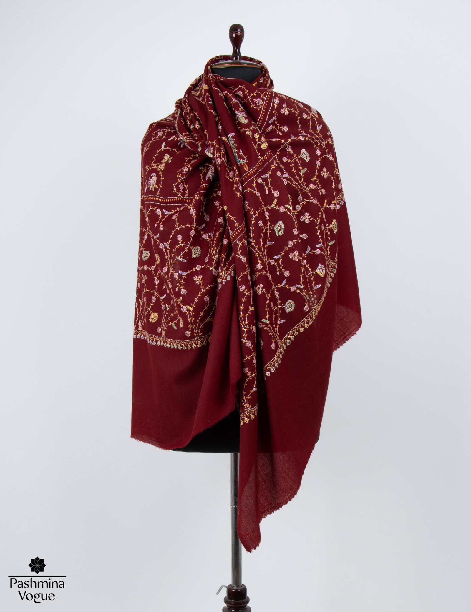 Burgundy Merino Wool Hand Embroidered Shawl