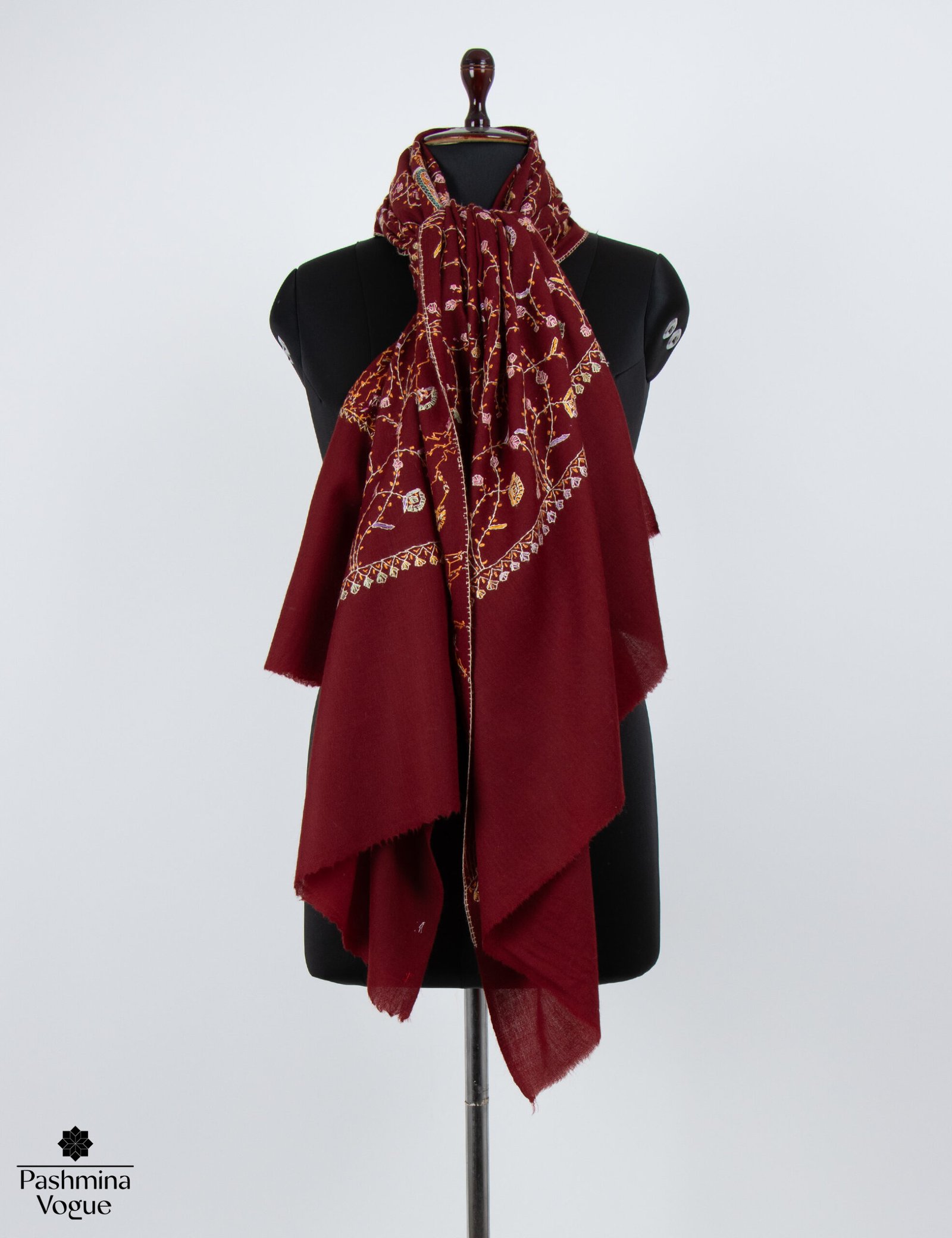 Burgundy Merino Wool Hand Embroidered Shawl