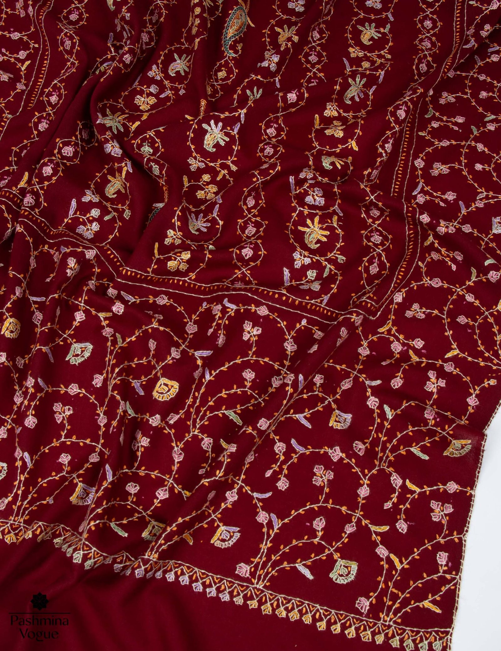 Burgundy Merino Wool Hand Embroidered Shawl