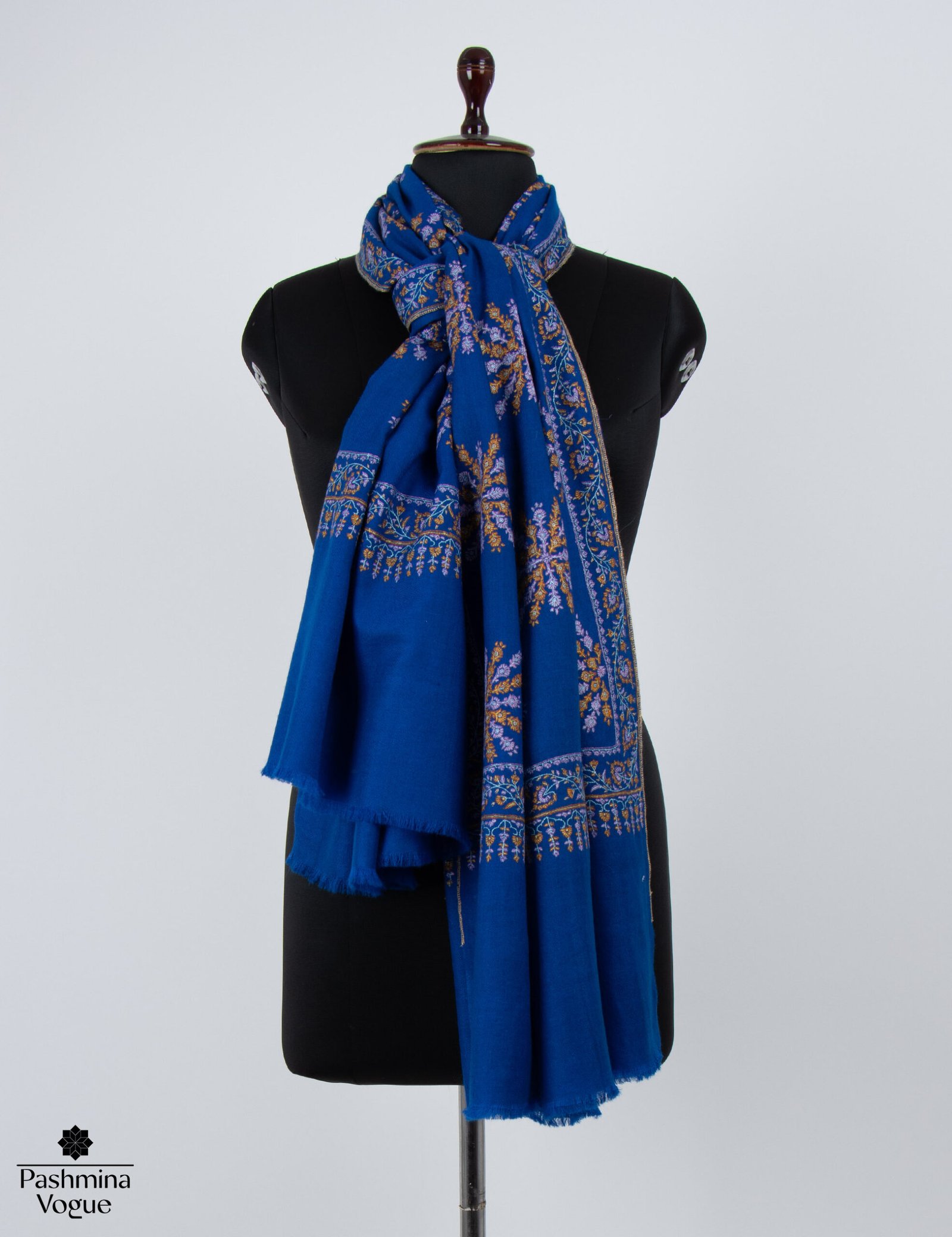 Hand Embroidered Blue Pashmina Scarf - Kashmiri Shawl & Wrap