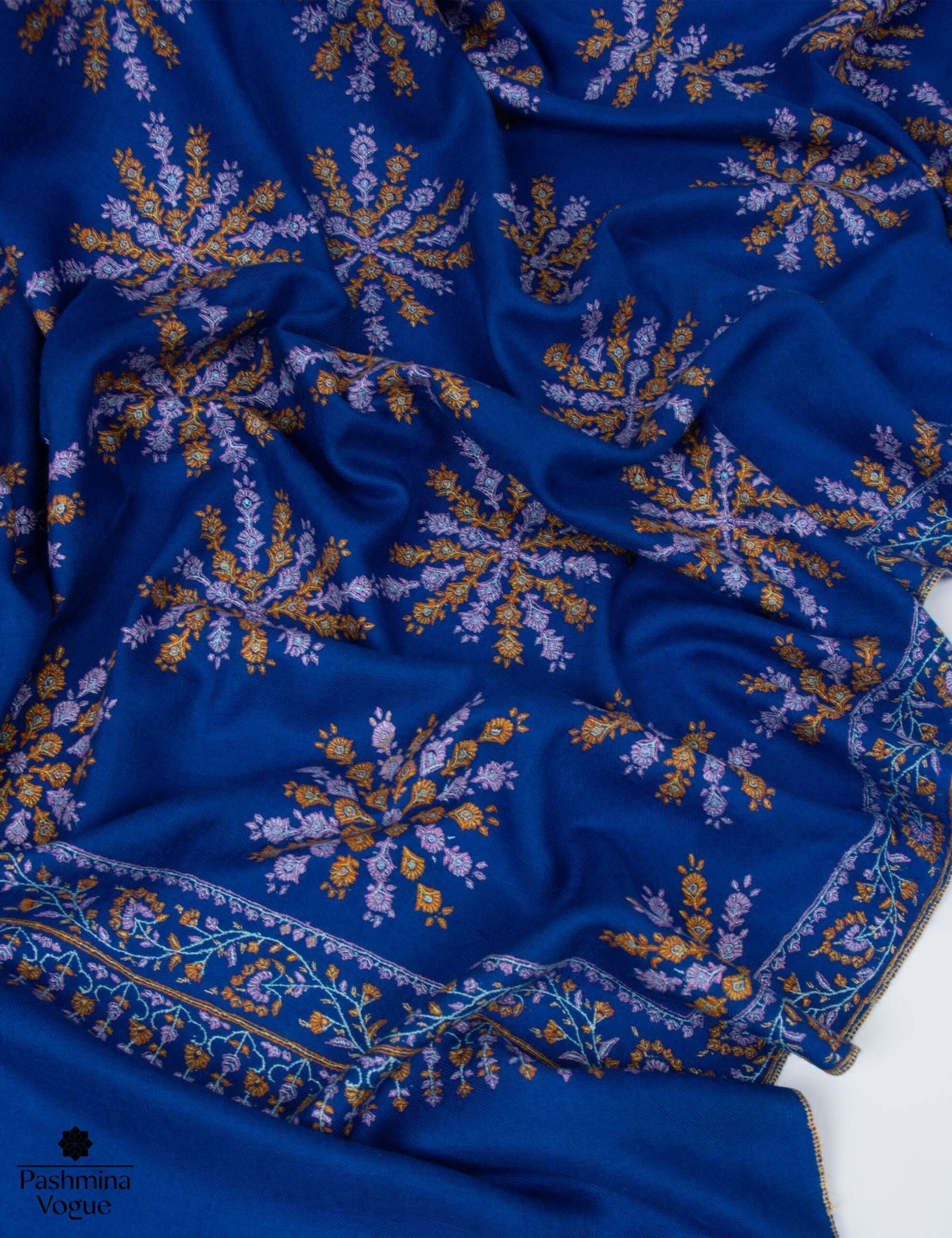 Hand Embroidered Blue Pashmina Scarf - Kashmiri Shawl & Wrap