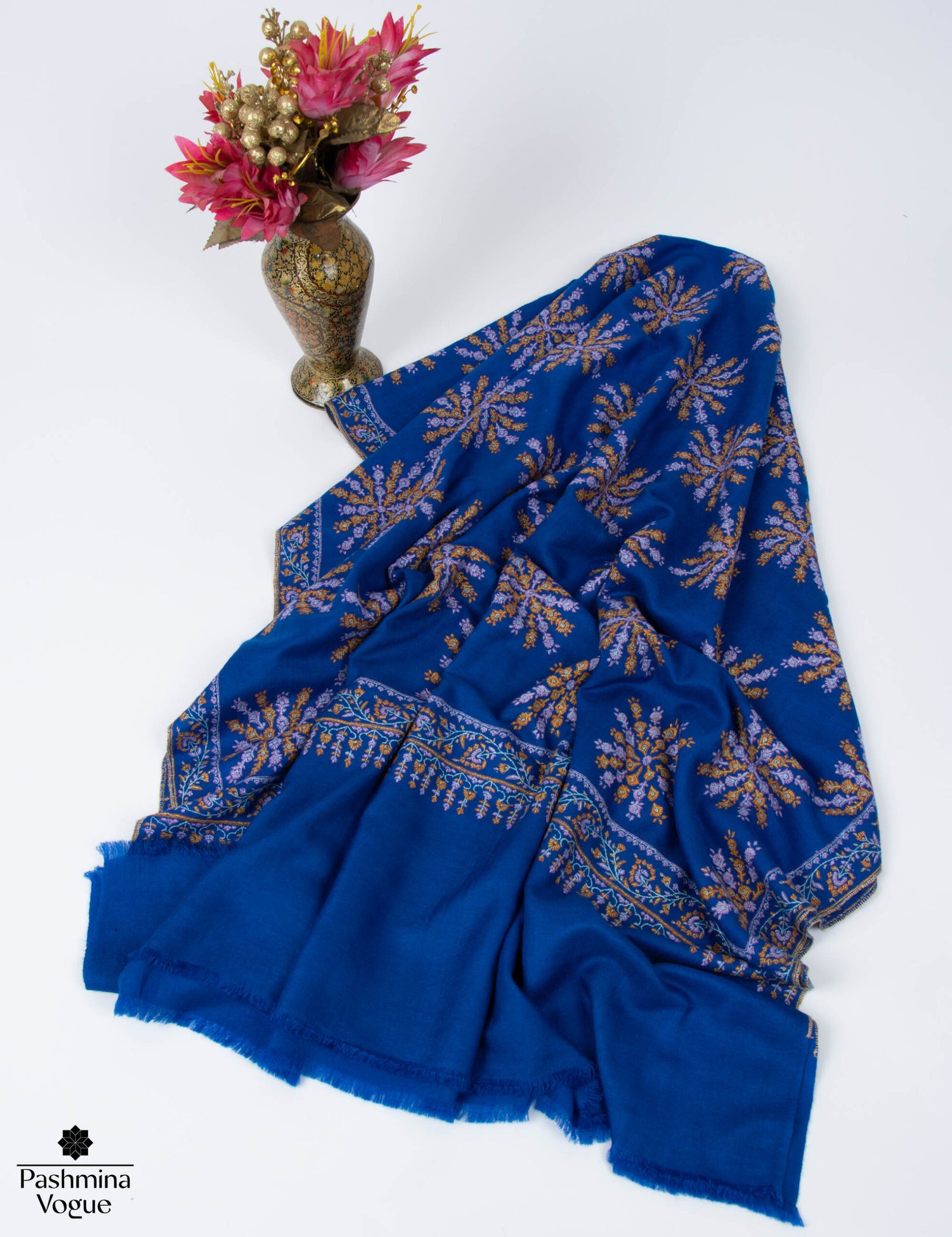 Hand Embroidered Blue Pashmina Scarf - Kashmiri Shawl & Wrap