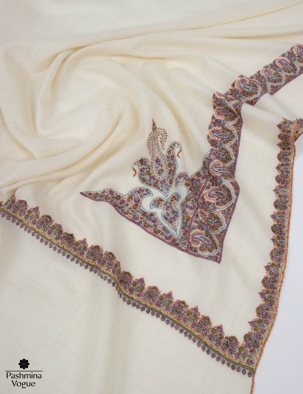 Ivory Hand-Stitched Pashmina Shawl - Kashmiri Sozni Embroidery