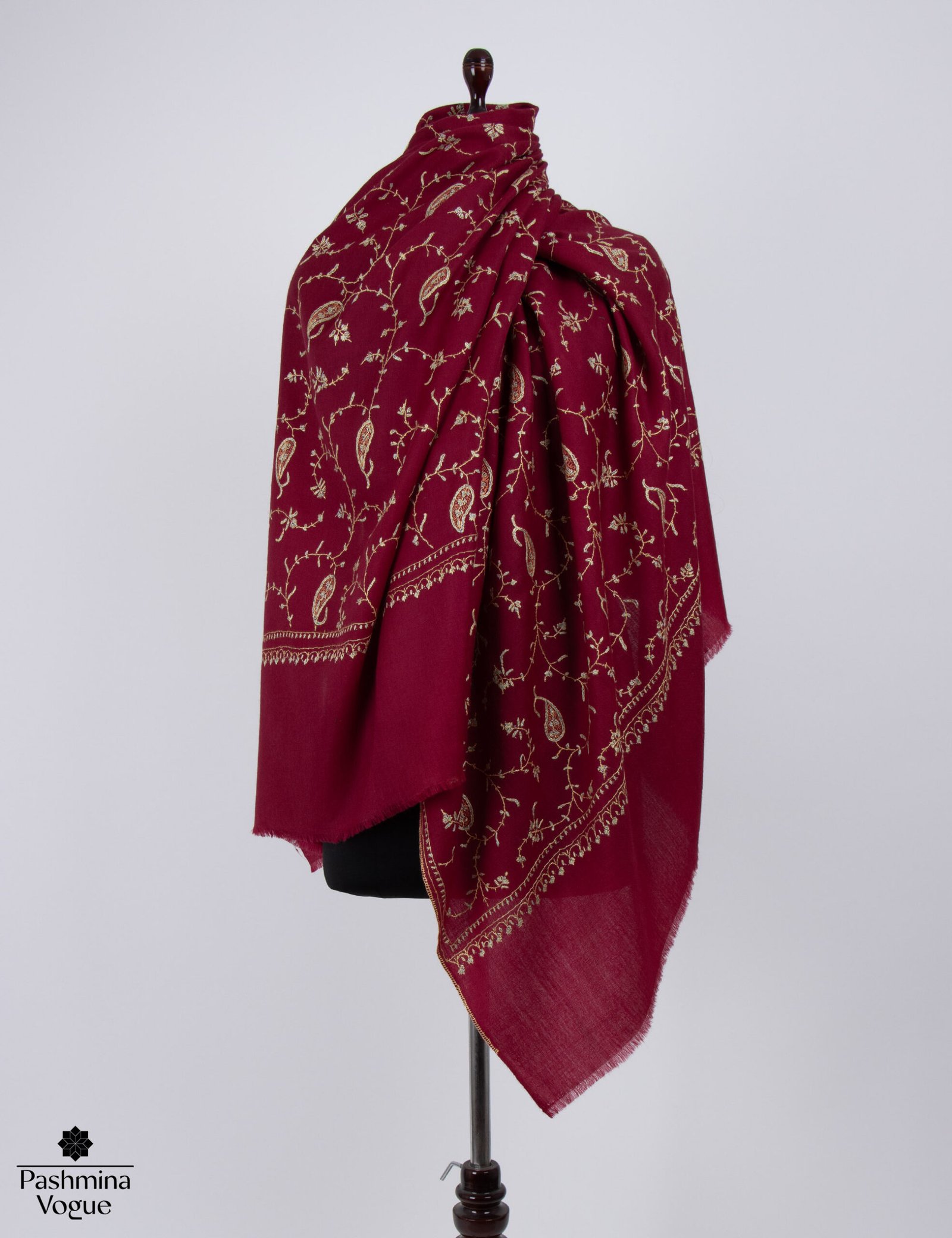 Burgundy Wool Stole - Kashmiri Embroidered Winter Shawl