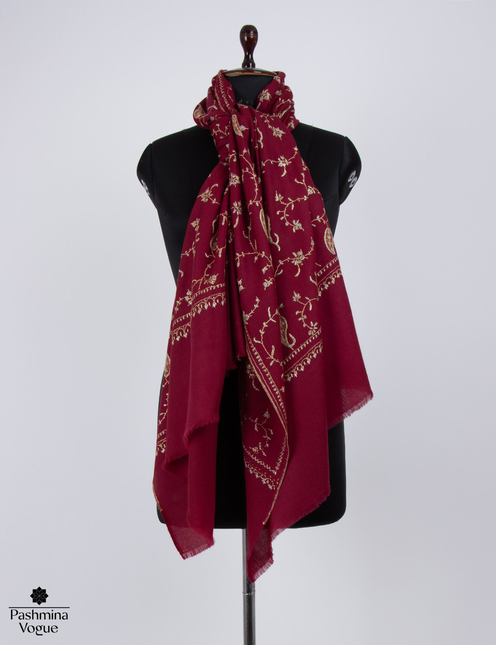 Burgundy Wool Stole - Kashmiri Embroidered Winter Shawl