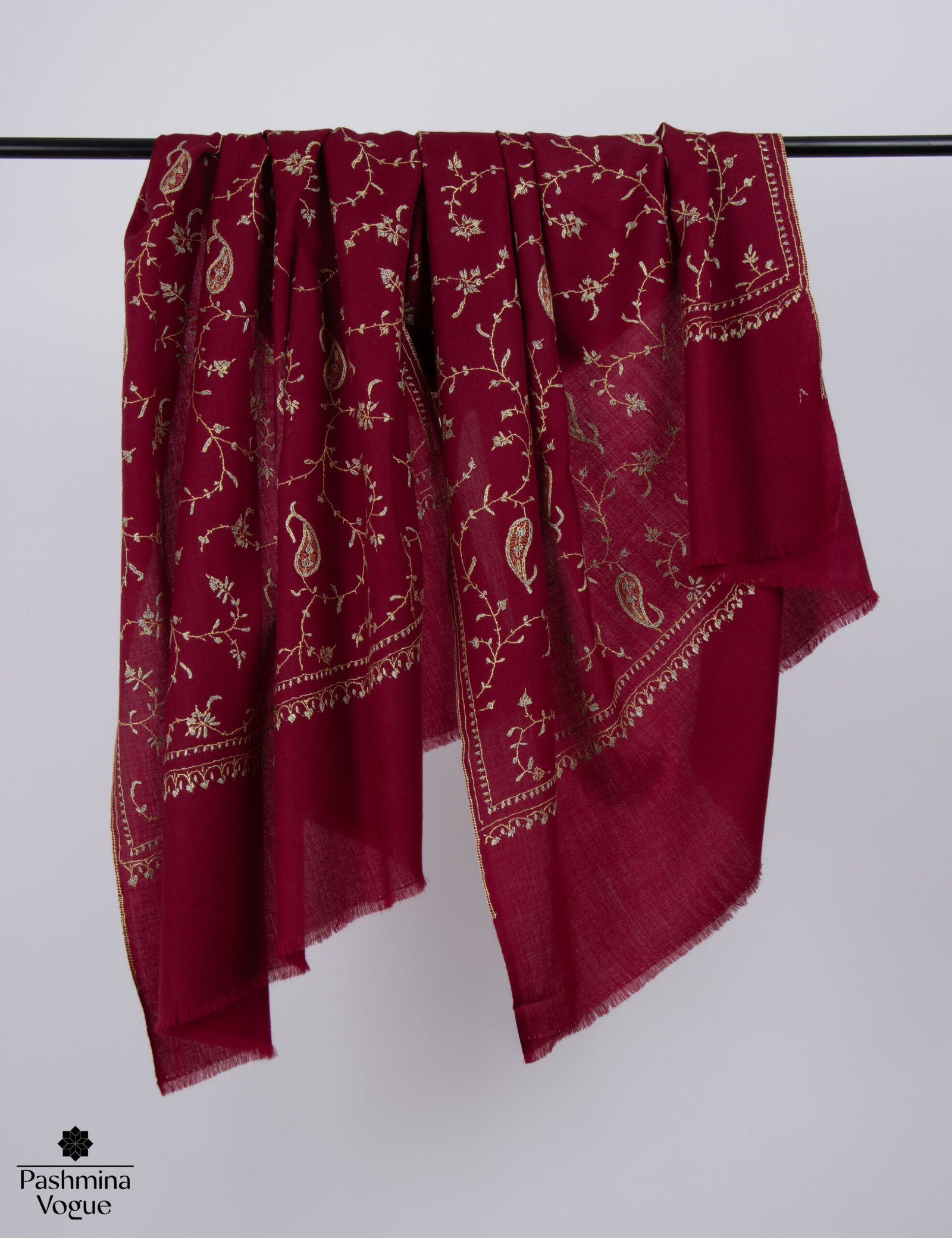 Burgundy Wool Stole - Kashmiri Embroidered Winter Shawl