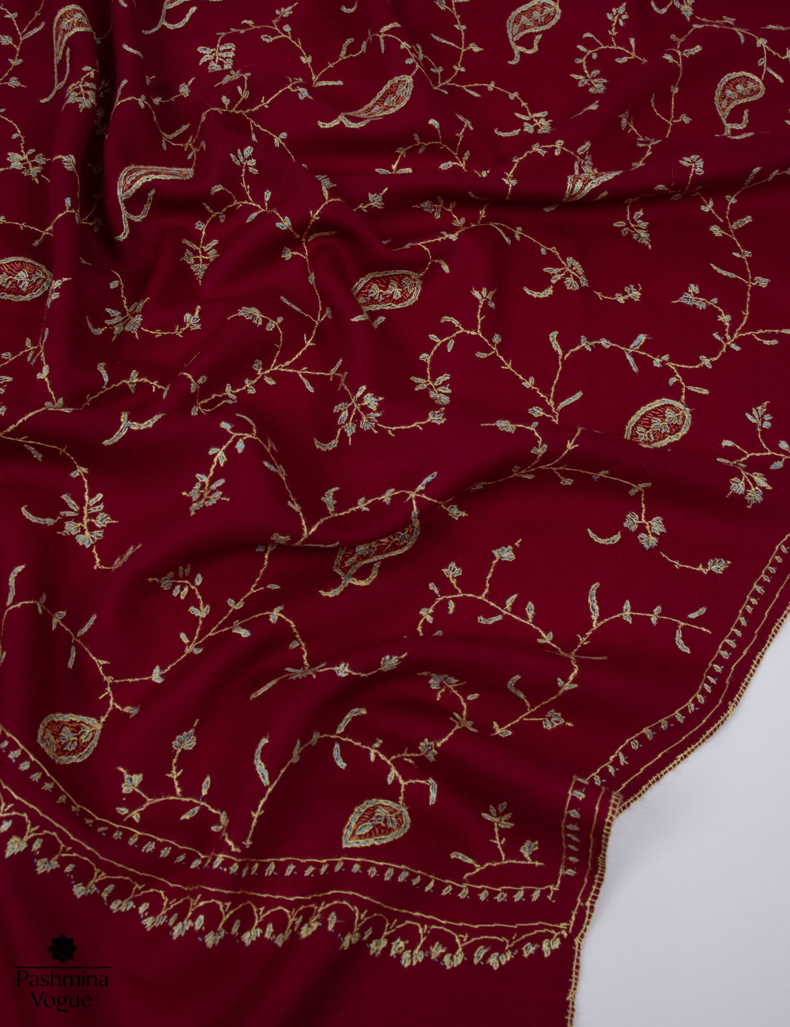 Burgundy Wool Stole - Kashmiri Embroidered Winter Shawl