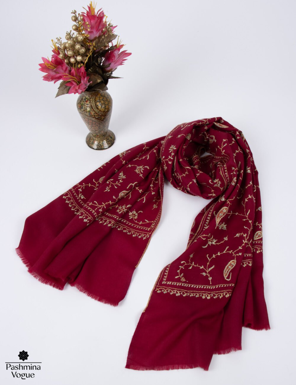 Burgundy Wool Stole - Kashmiri Embroidered Winter Shawl