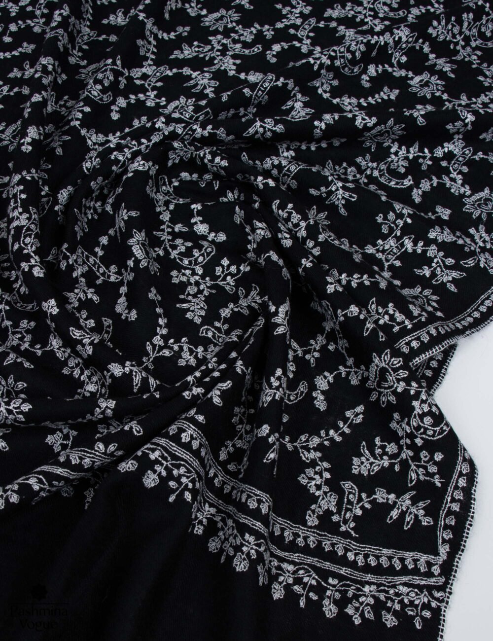 Black Kashmiri Pashmina Shawl - Hand-Embroidered Sozni Wrap