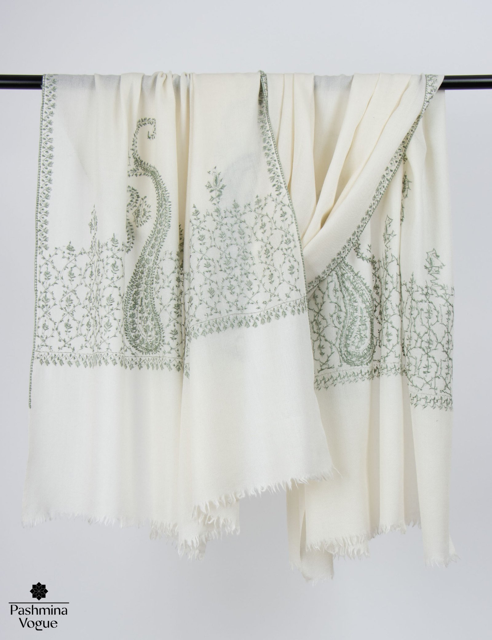 White Hand-Embroidered Wool Shawl - Sozni Pashmina Wrap