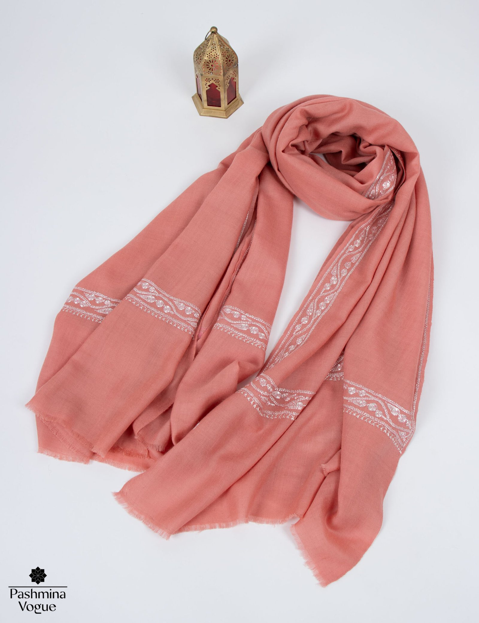 Peach Pashmina Shawl -Tilla Embroidered Cashmere Scarf