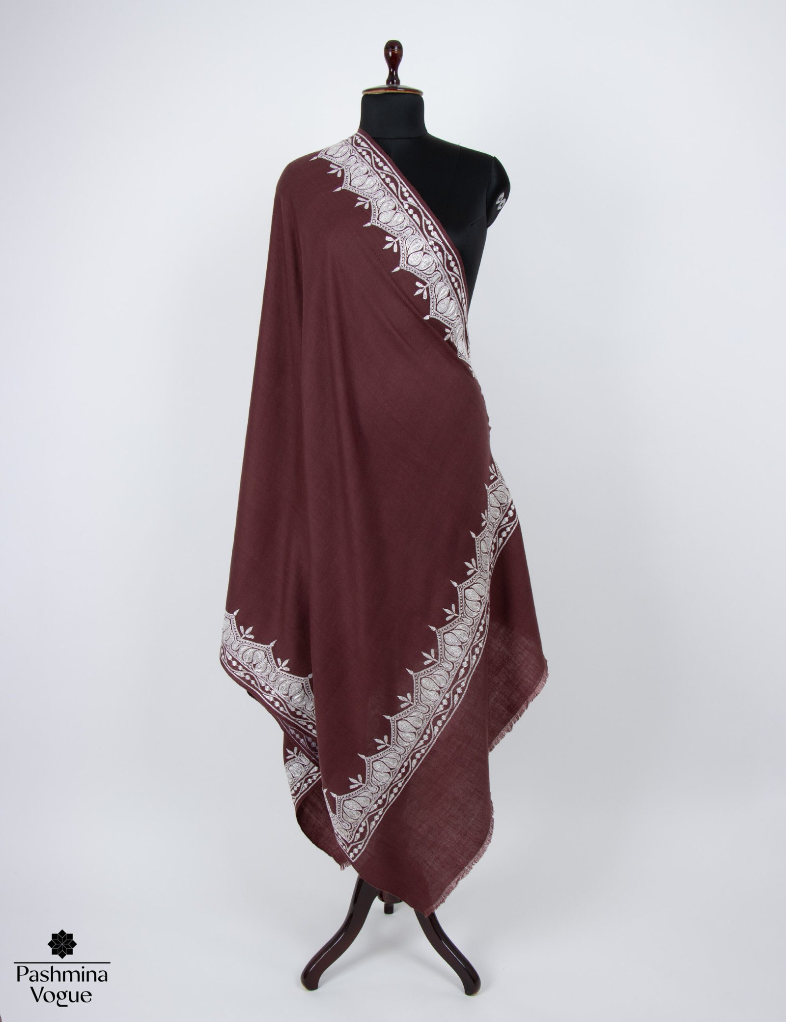 dusty rose pure pashmina shawl draped on a mannequin, featuring a shimmering hand-embroidered Tilla metallic thread border and soft cashmere texture.