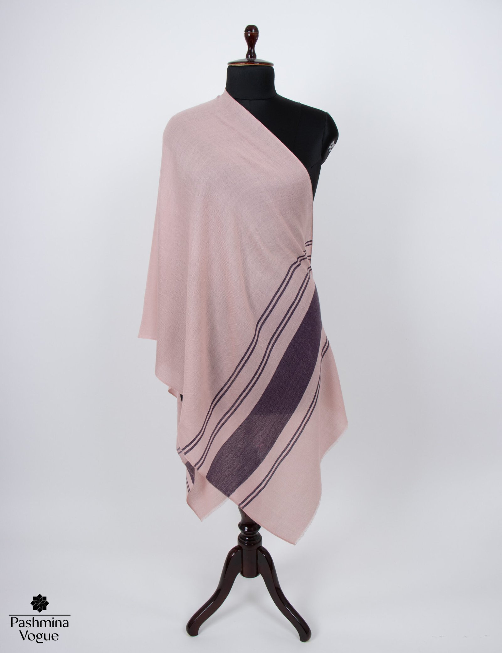 peach and black striped Merino wool shawl, showcasing the soft texture and elegant drape of a traditional Kashmiri wedding wrap.
