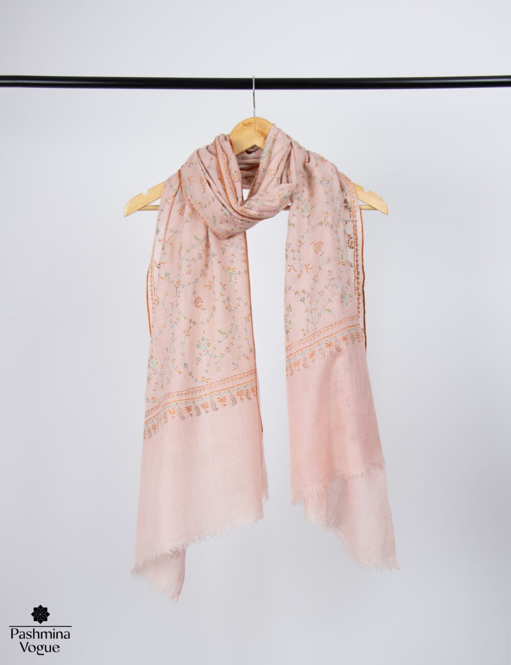 Light Peach Sozni Pashmina Shawl, Embroidered Kashmiri Scarf