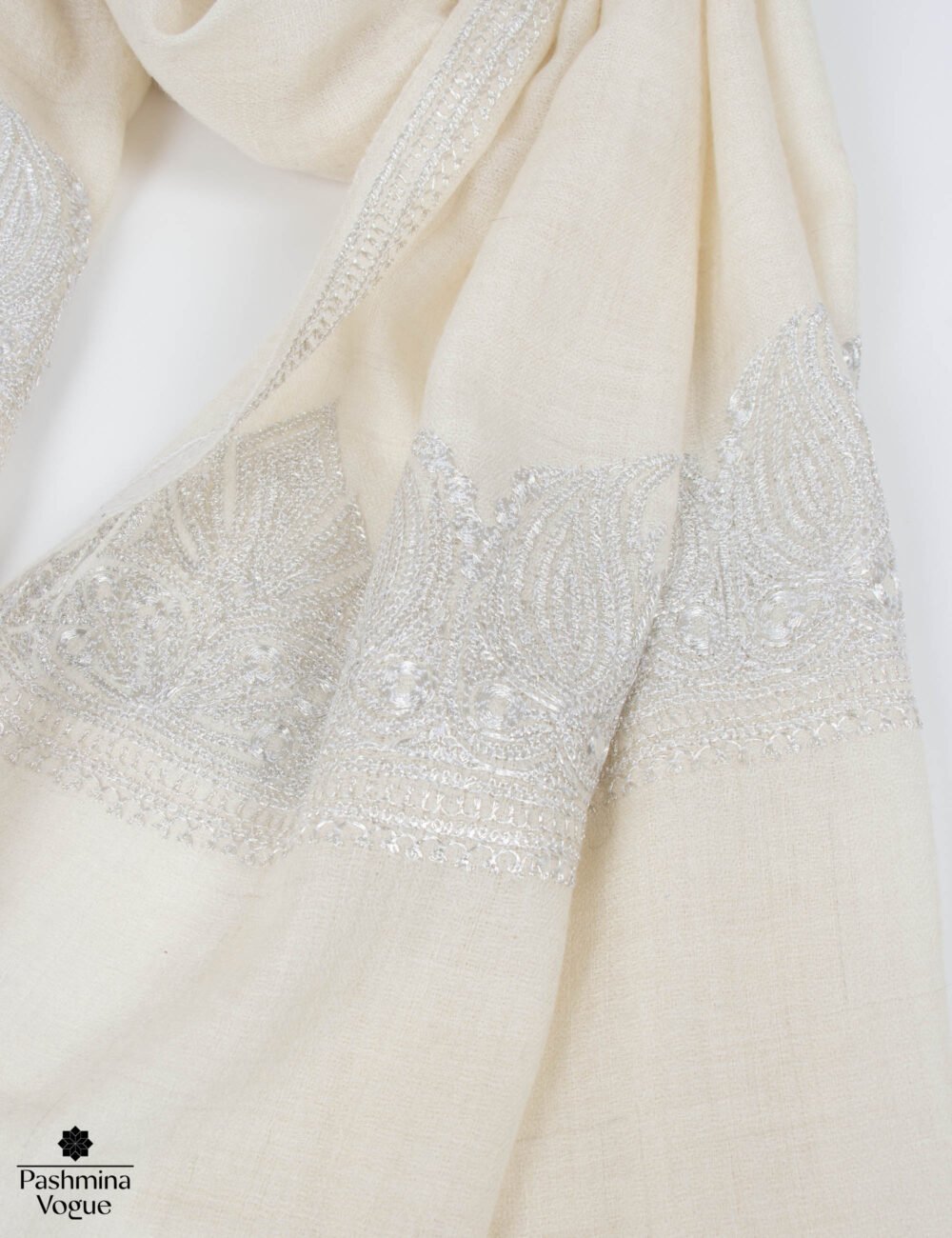 Metallic Silver Tilla Cashmere Scarf, Embroidered Pashmina Shawl