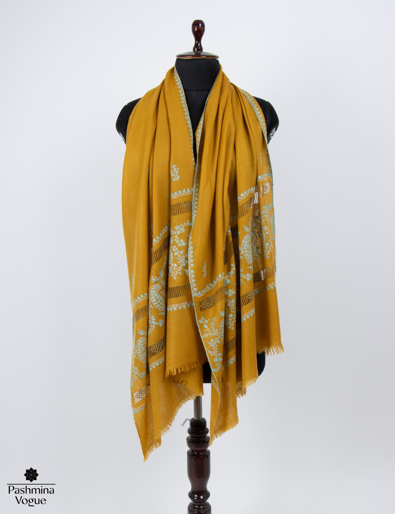 Mustard Embroidered Pashmina Shawl, Handmade Pashmina