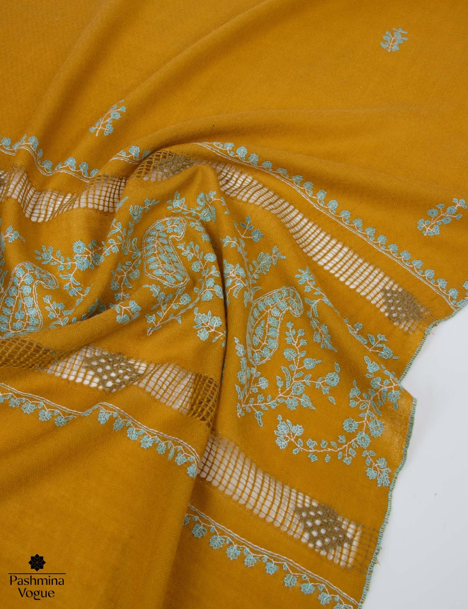 Mustard Embroidered Pashmina Shawl, Handmade Pashmina