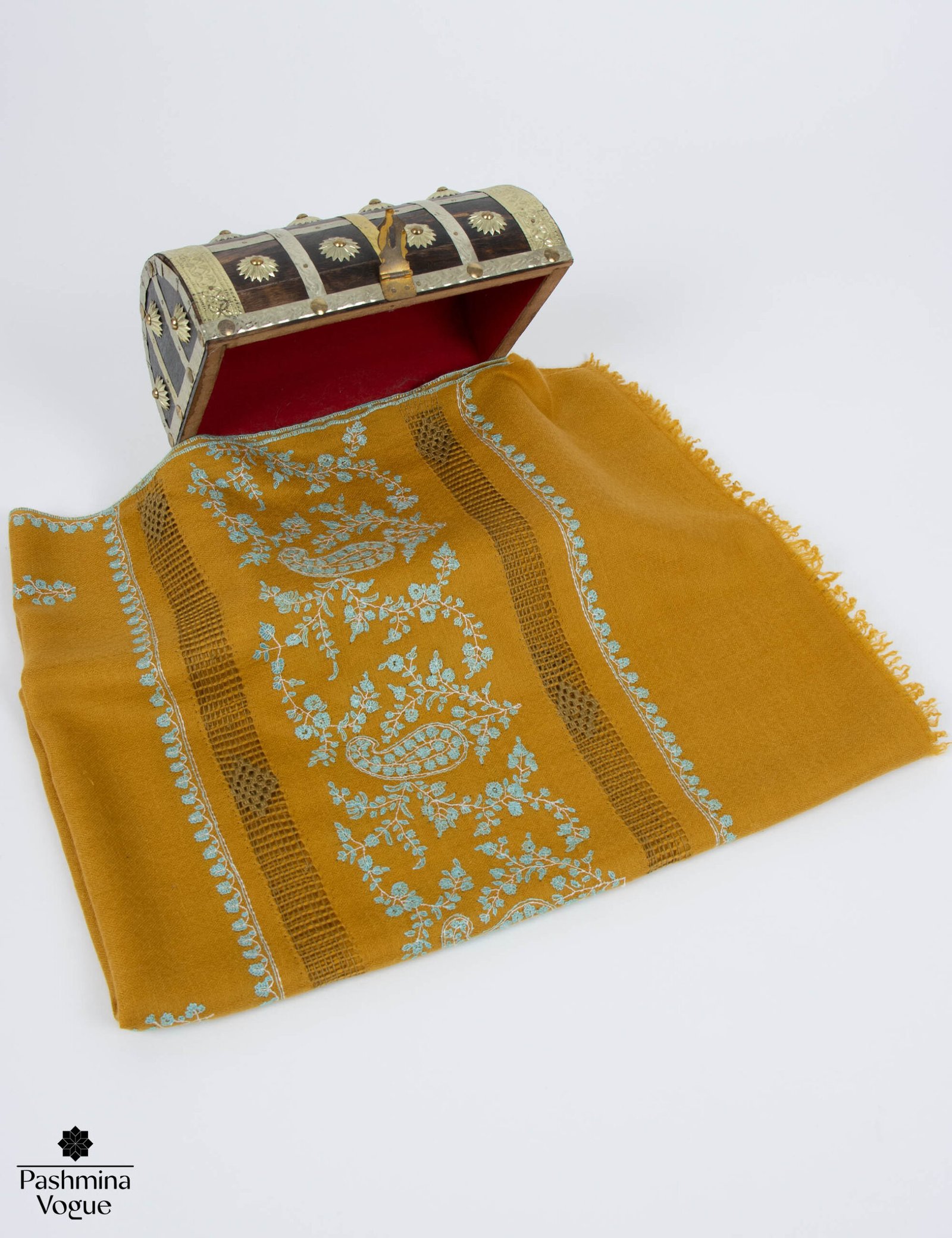 Mustard Embroidered Pashmina Shawl, Handmade Pashmina