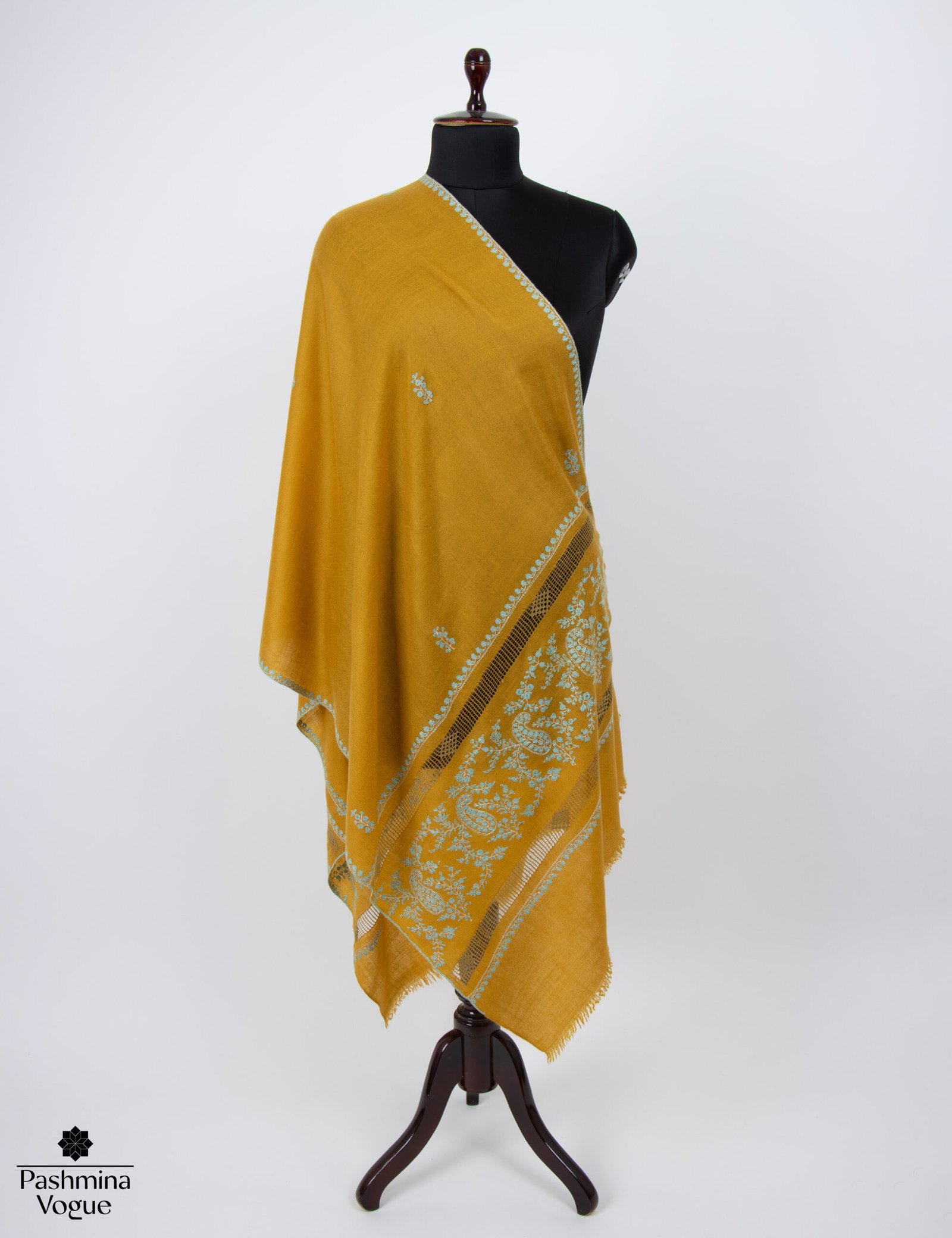 Mustard hand embroidered pashmina shawl with traditional Kashmiri sozni embroidery made from pure cashmere