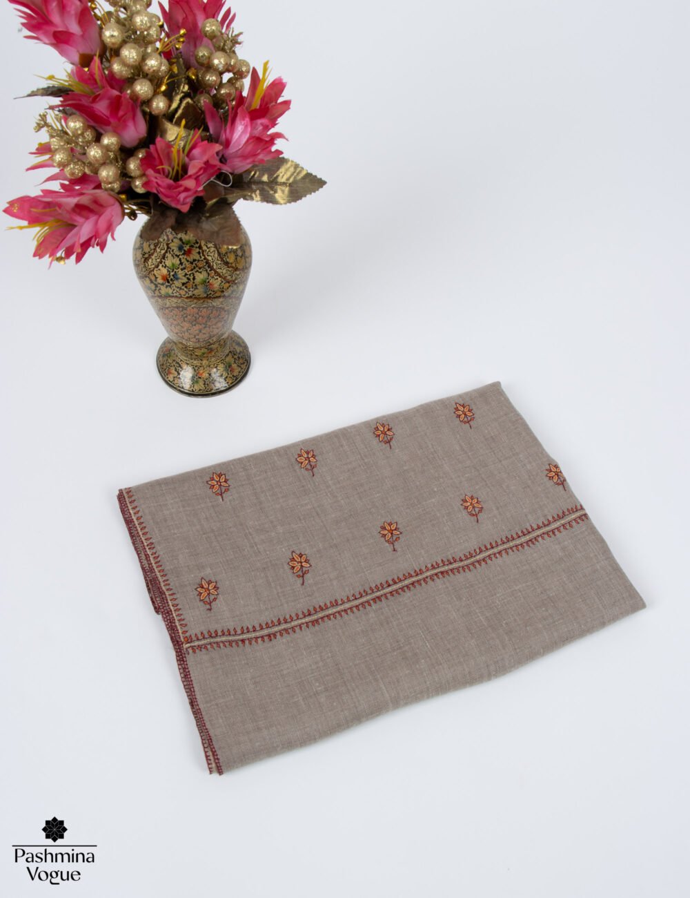 Natural Zati Pashmina Shawl, Hand-Embroidered Sozni Wrap