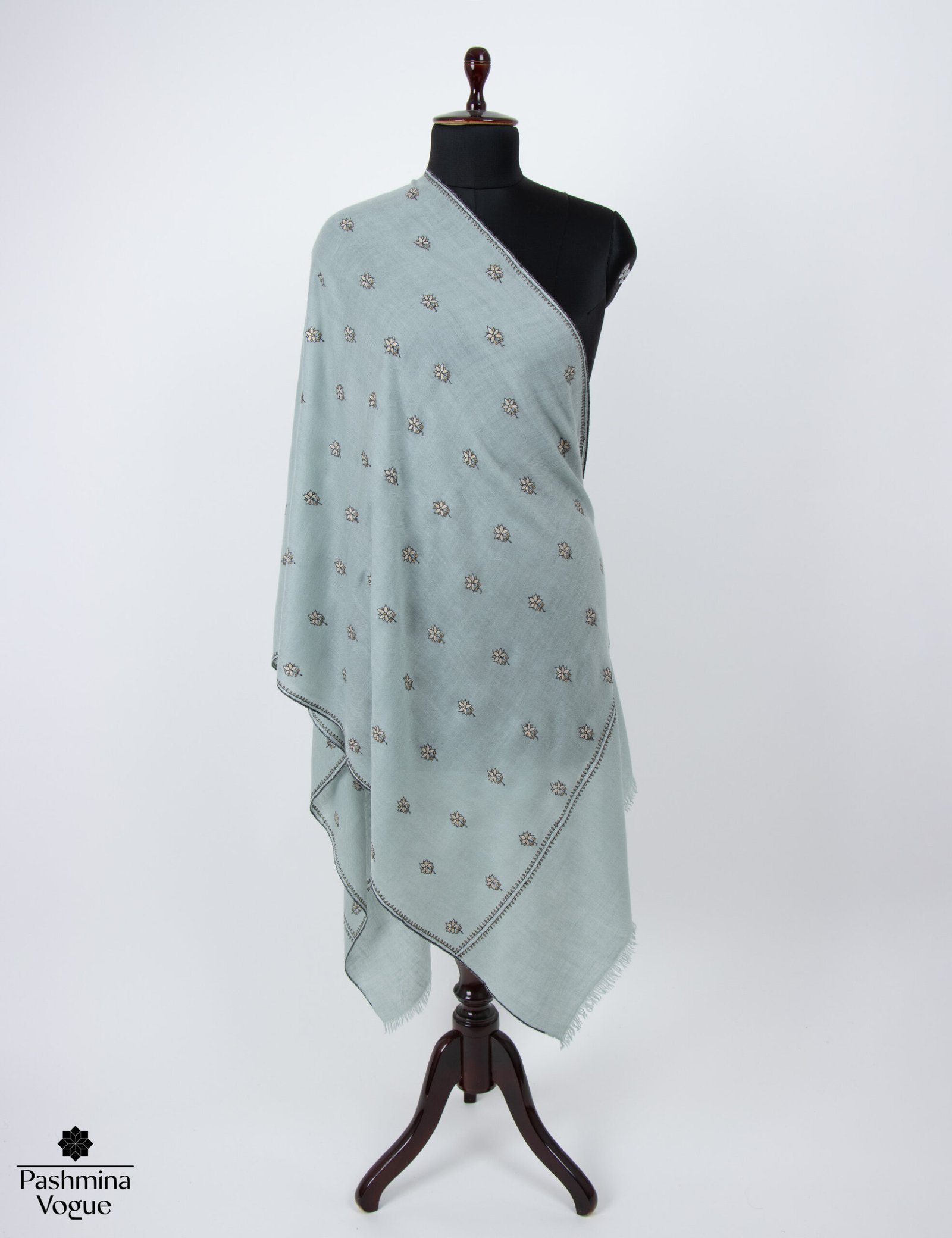 Blue Bootidar Sozni Pashmina Shawl handcrafted in Kashmir with intricate hand embroidered cashmere detailing by Pashmina Vogue