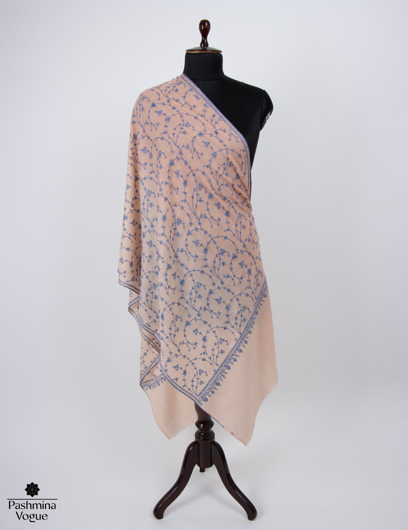 Peach ombre pure pashmina jaal stole with intricate hand embroidery handcrafted by Kashmiri artisans