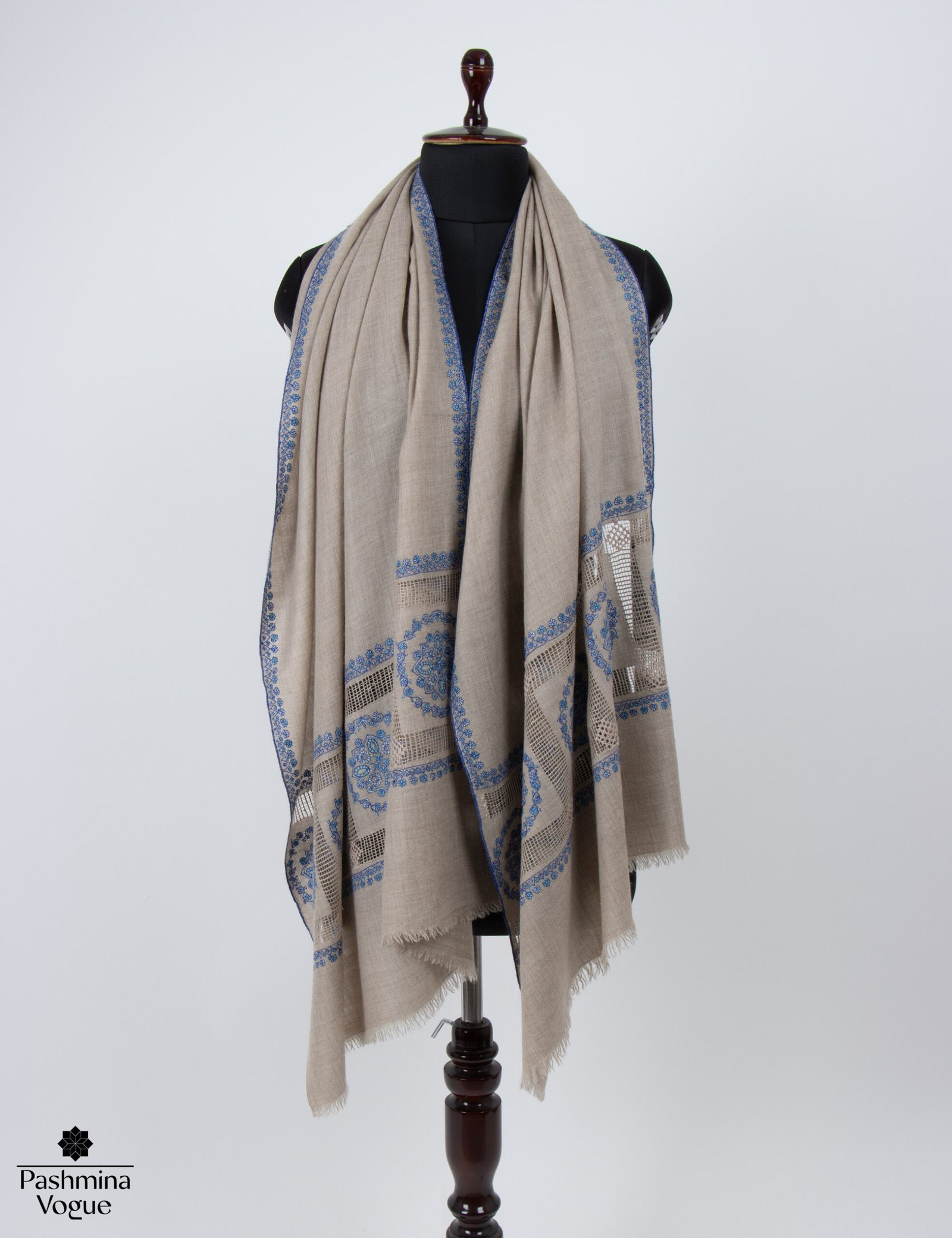 Natural Zati Hand Embroidered Pashmina Shawl