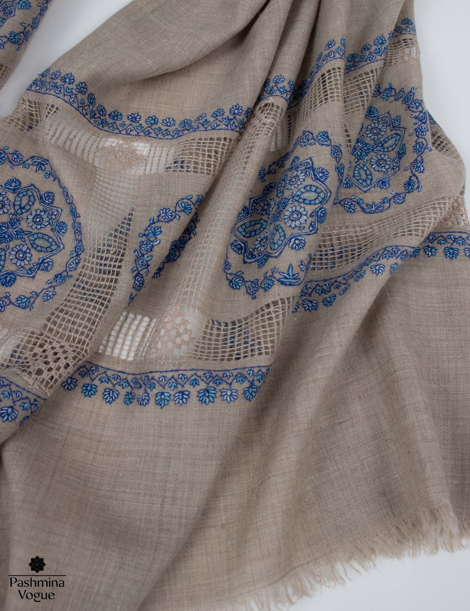 Natural Zati Hand Embroidered Pashmina Shawl