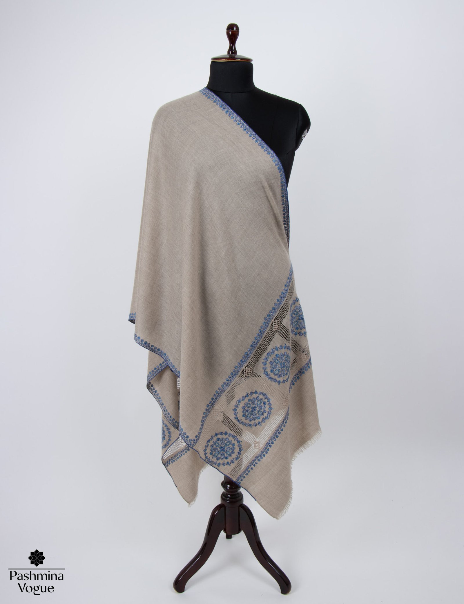 Natural Zati hand-embroidered pure pashmina shawl featuring intricate Kashmiri embroidery crafted by skilled artisans.