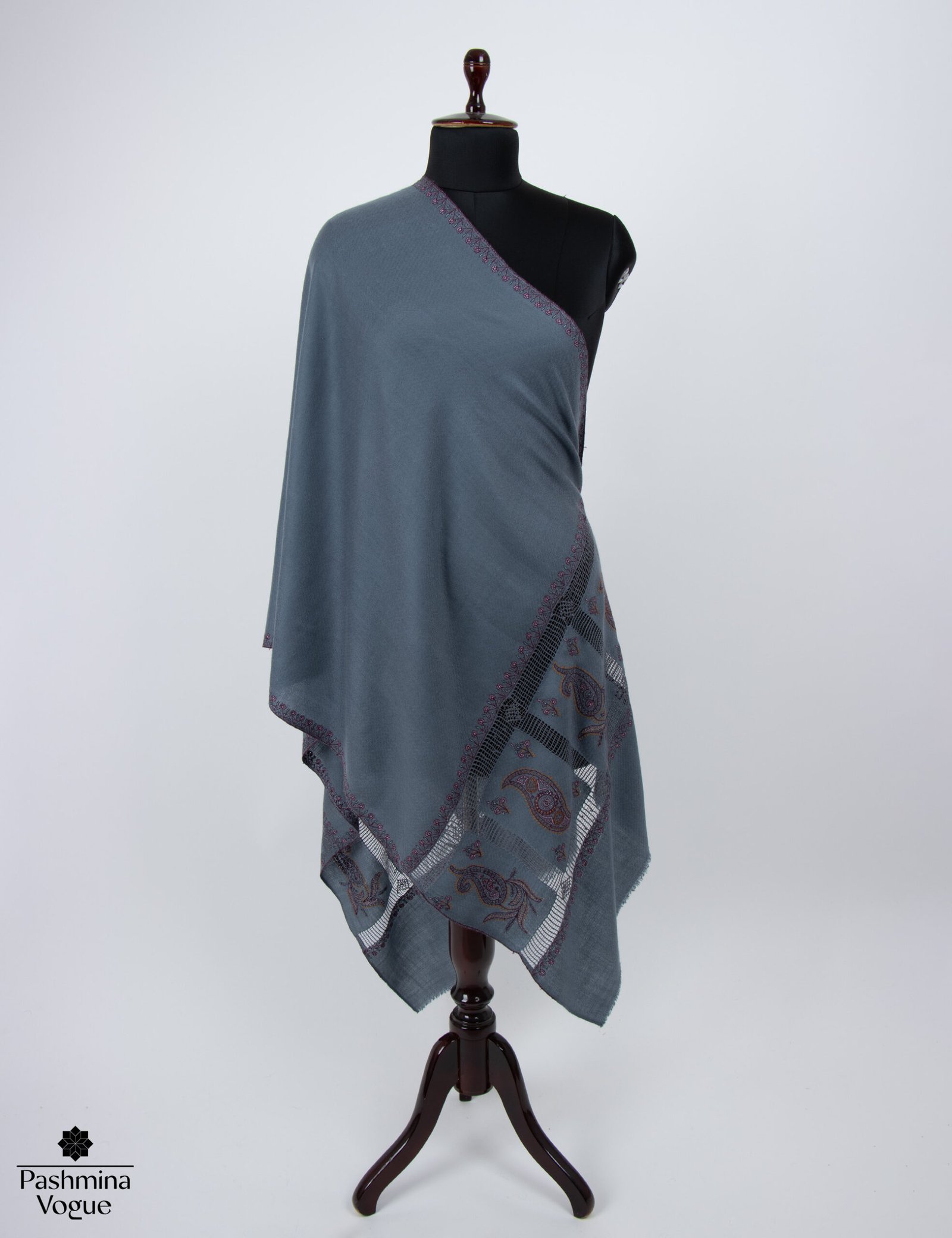 Dark grey Palla Dar handwoven Kashmiri pashmina wrap made from pure pashmina wool by skilled artisans