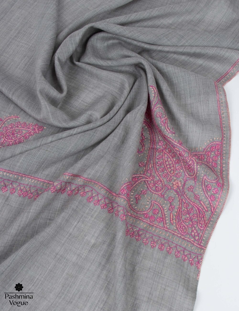 Gray Cashmere Scarf with Needlework Embroidery Gift for Women