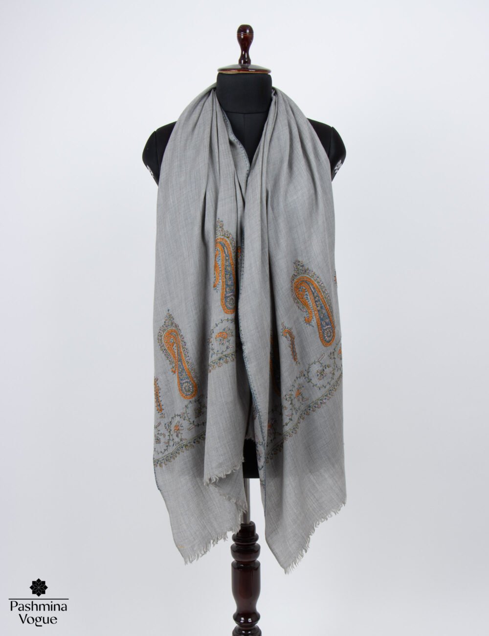 Grey Cashmere Scarf with Needlework Embroidery Gift